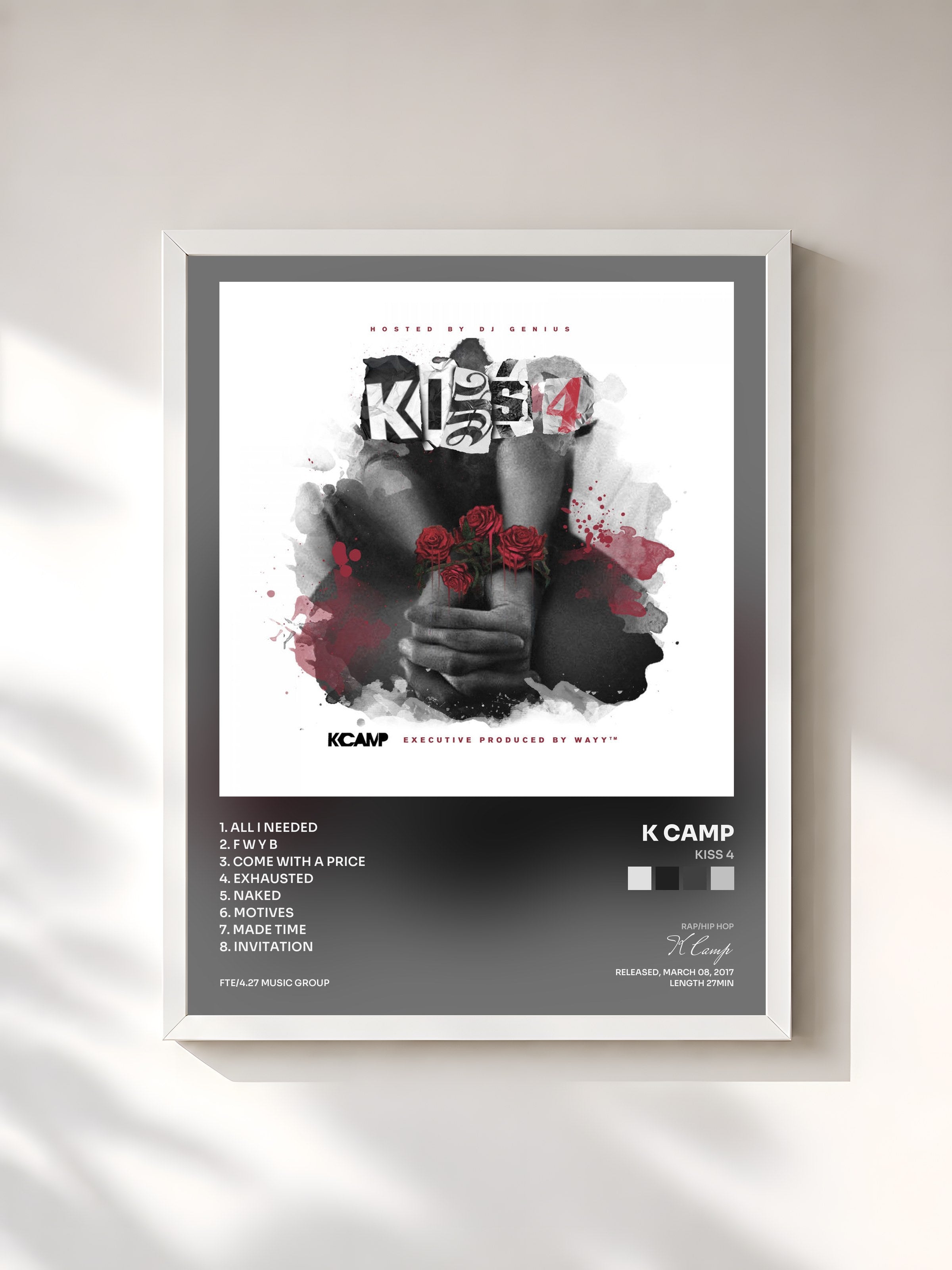 #blanc Tableau de l'album Kiss 4 de K Camp, cadre blanc, imprimé et encadré en France