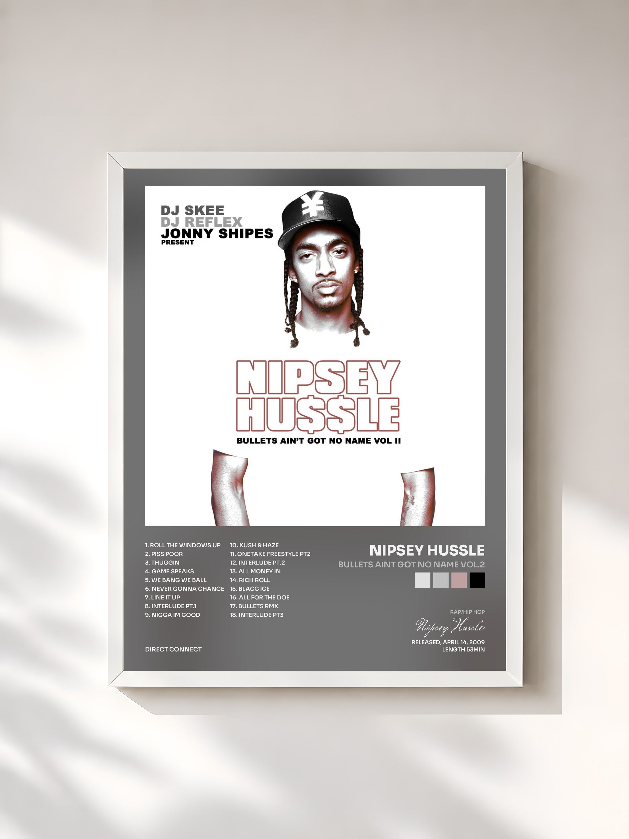 #blanc Tableau de l'album Bullets Aint Got No Name Vol.2 de Nipsey Hussle, cadre blanc, imprimé et encadré en France