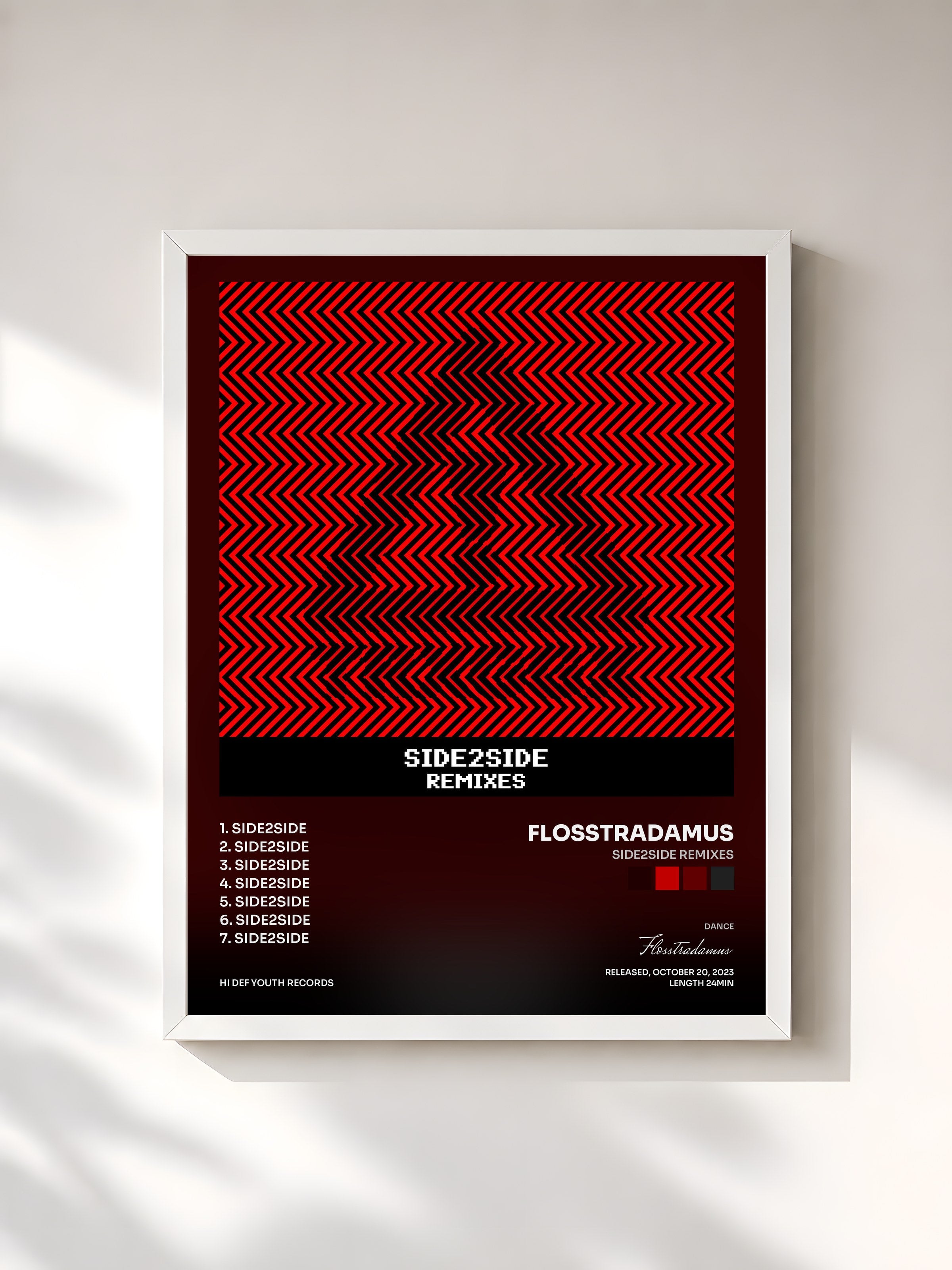 #blanc Tableau de l'album SIDE2SIDE REMIXES de Flosstradamus, cadre blanc, imprimé et encadré en France