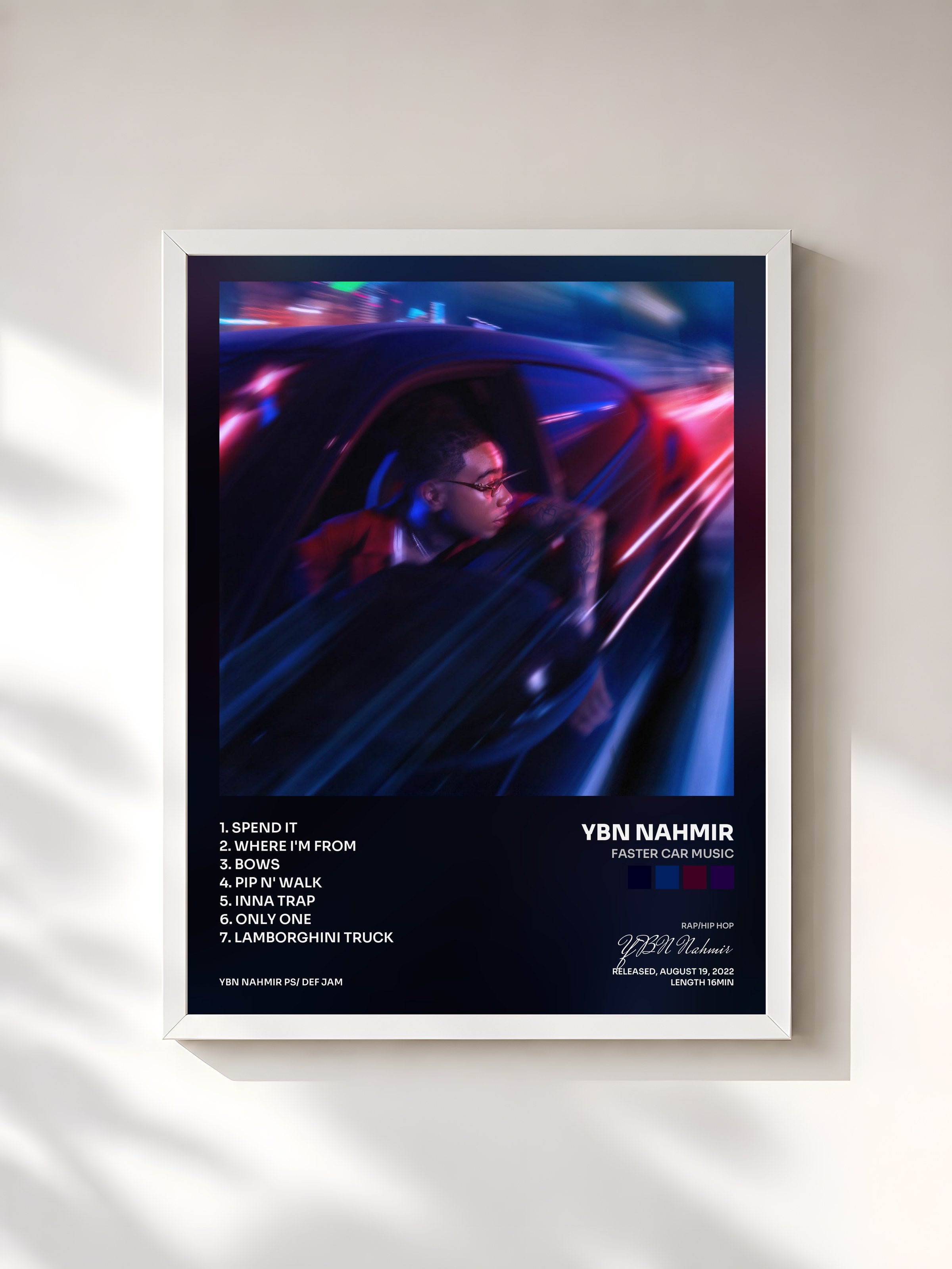 #blanc Tableau de l'album Faster Car Music de YBN Nahmir, cadre blanc, imprimé et encadré en France