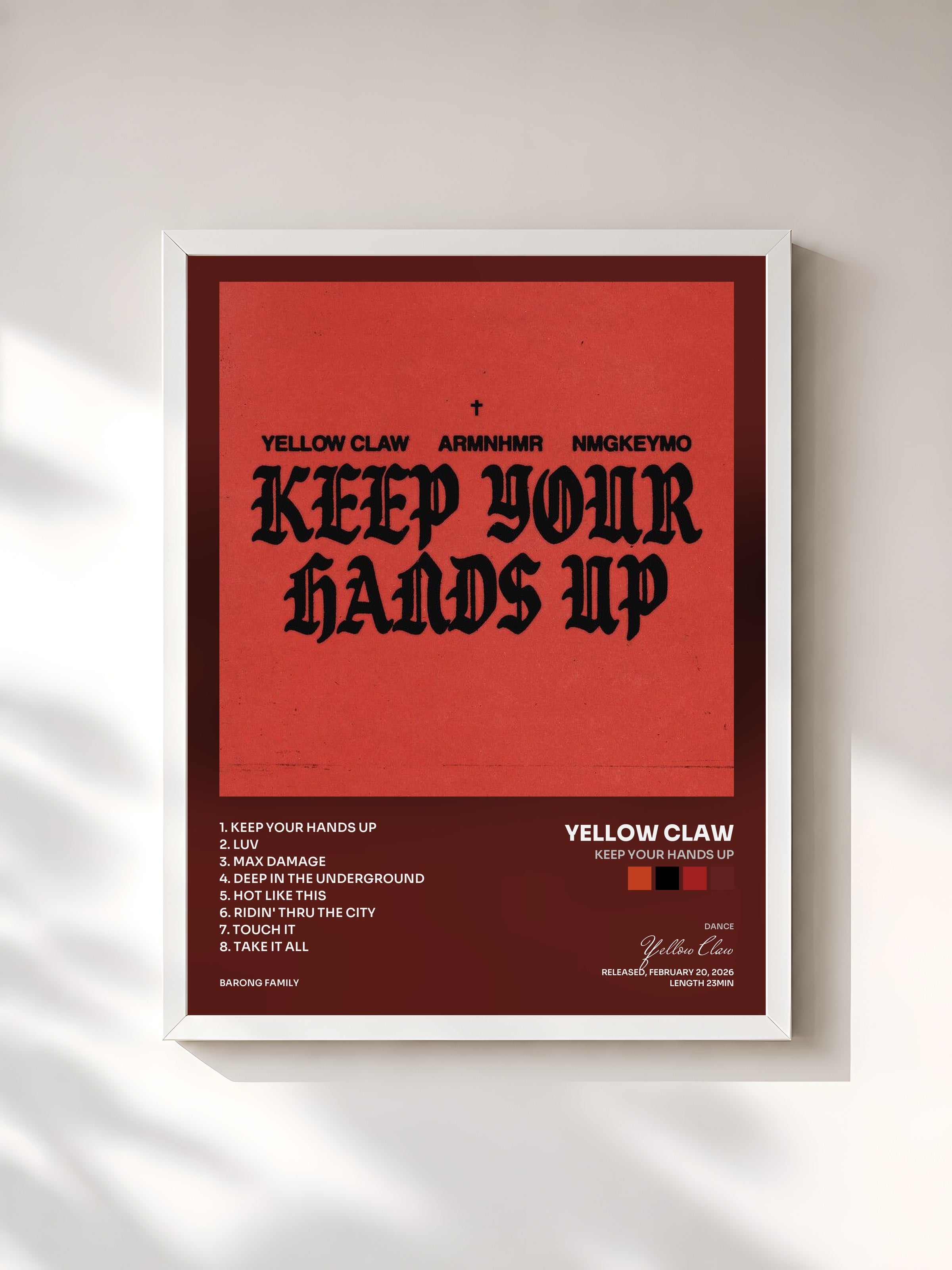 #blanc Tableau de l'album Keep Your Hands Up de Yellow Claw, cadre blanc, imprimé et encadré en France