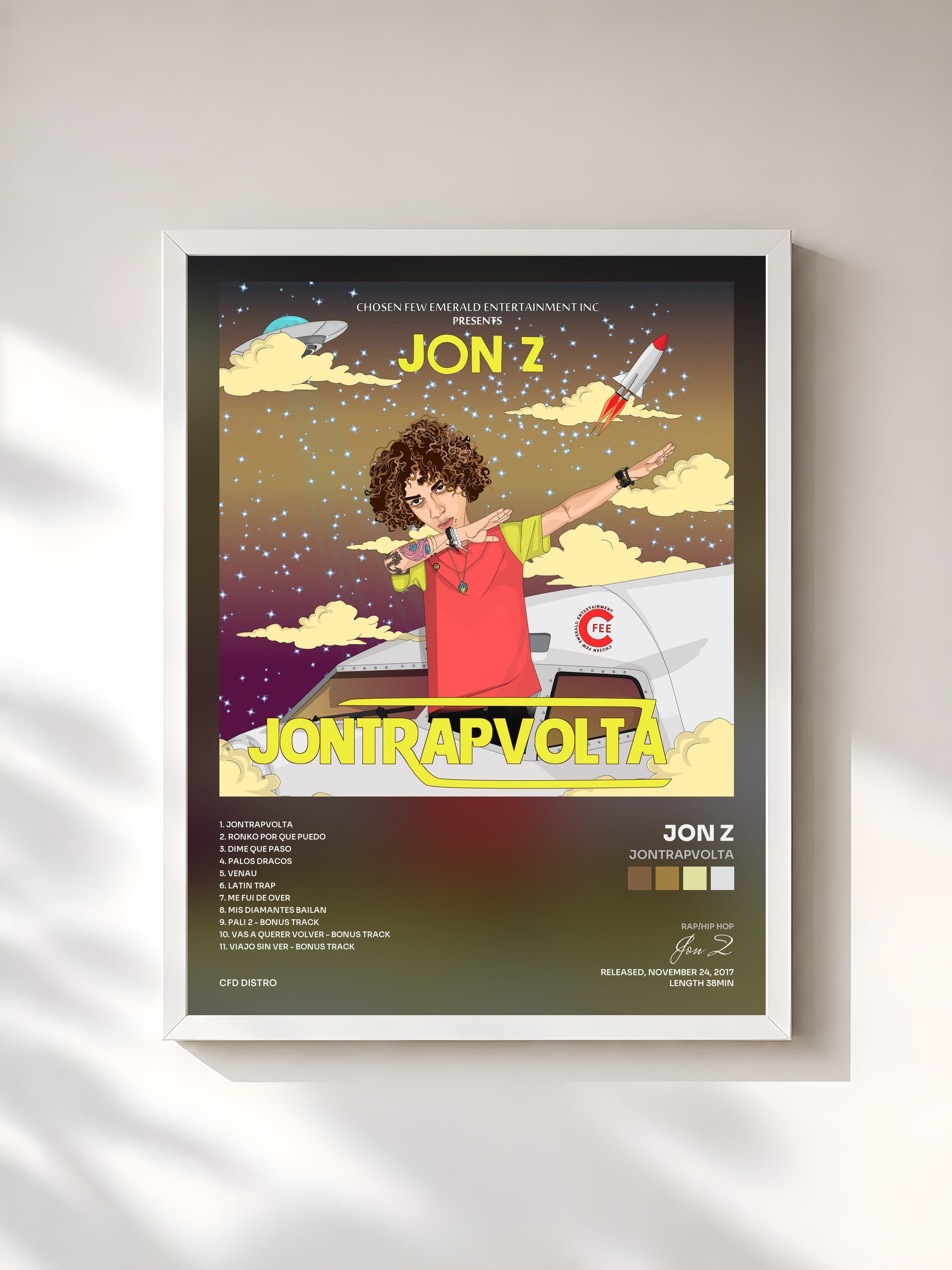 #blanc Tableau de l'album JonTrapVolta de Jon Z, cadre blanc, imprimé et encadré en France