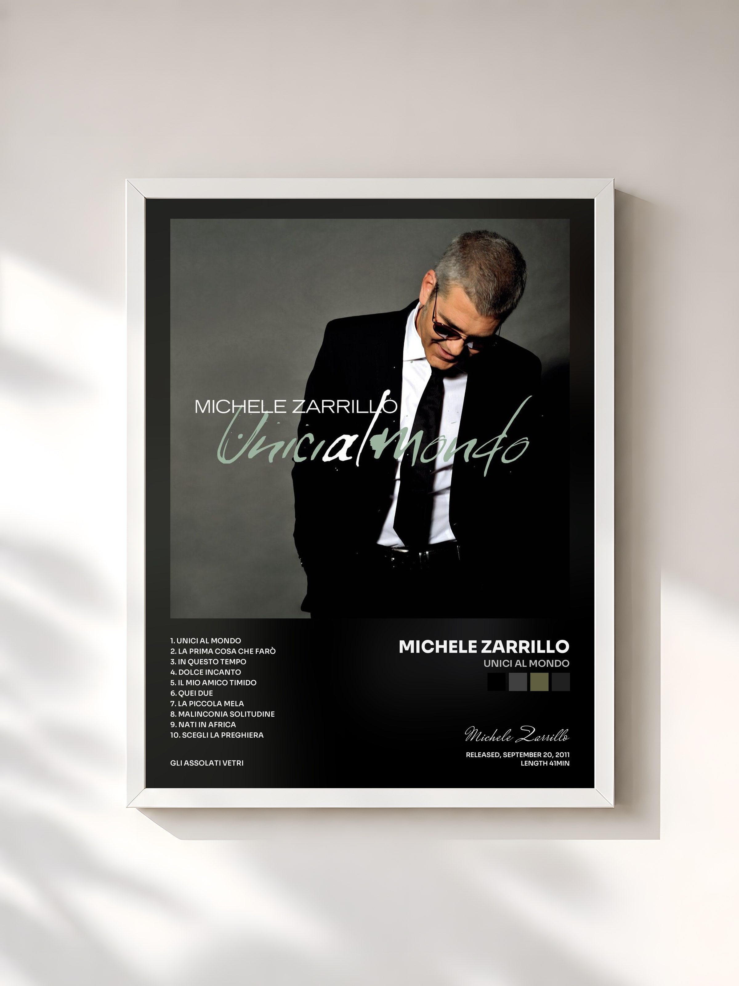 #blanc Tableau de l'album Unici Al Mondo de Michele Zarrillo, cadre blanc, imprimé et encadré en France