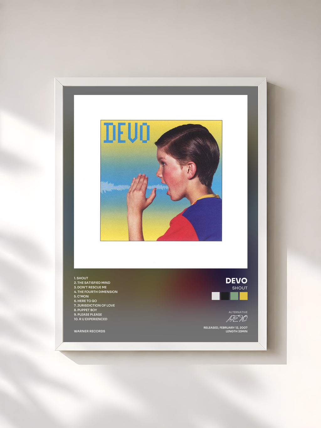 #blanc Tableau de l'album Shout de DEVO, cadre blanc, imprimé et encadré en France