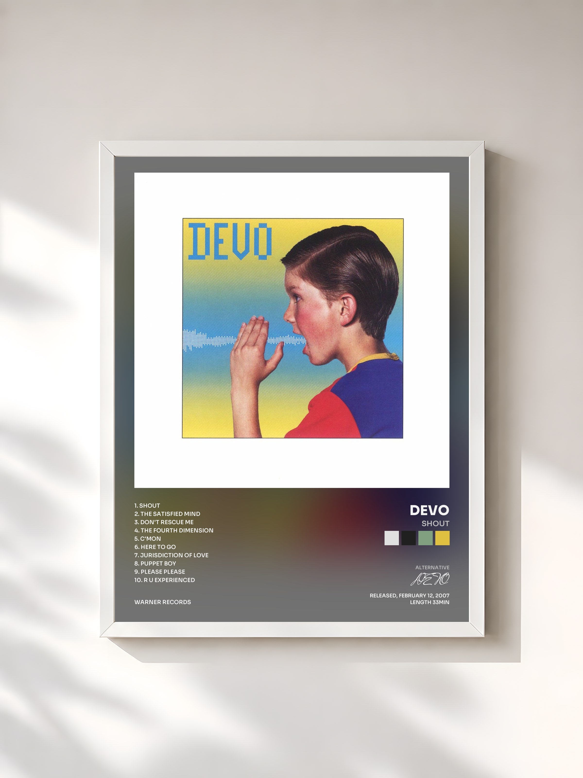 #blanc Tableau de l'album Shout de DEVO, cadre blanc, imprimé et encadré en France