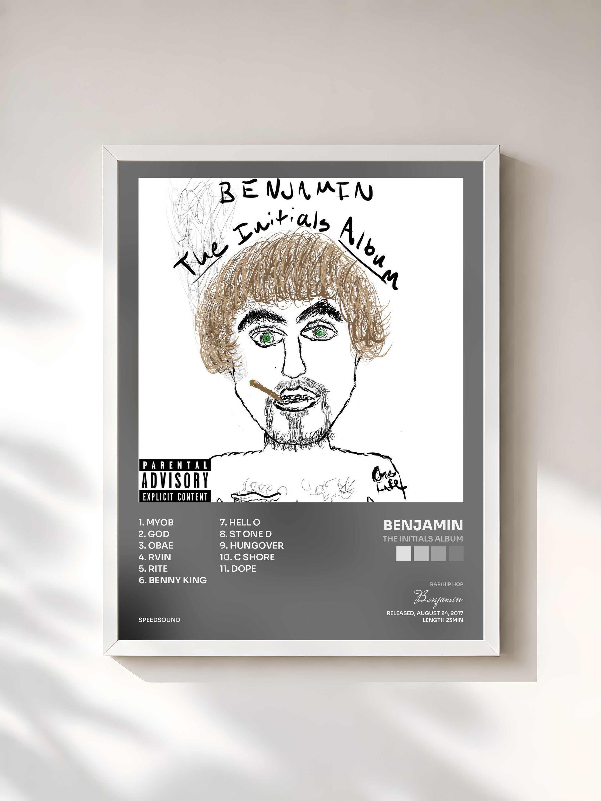 #blanc Tableau de l'album The Initials Album de Benjamin, cadre blanc, imprimé et encadré en France