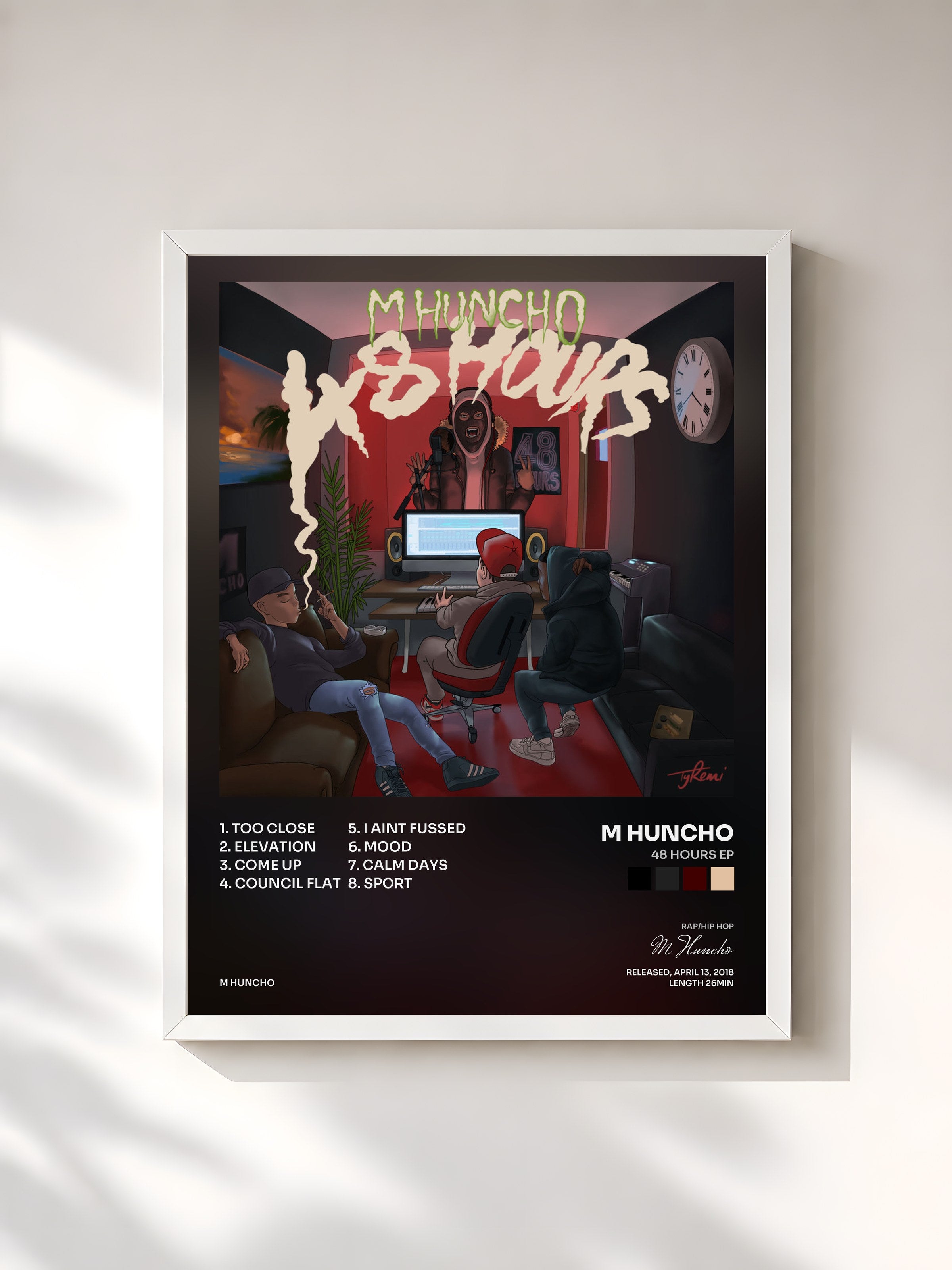 #blanc Tableau de l'album 48 Hours EP de M Huncho, cadre blanc, imprimé et encadré en France