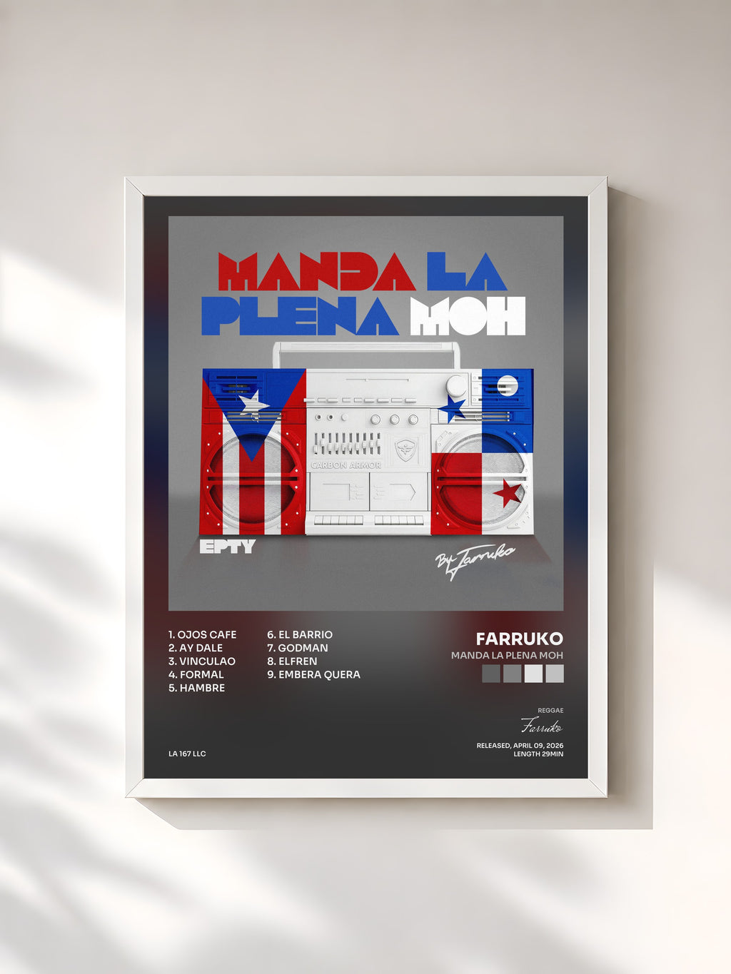 #blanc Tableau de l'album Manda La Plena Moh de Farruko, cadre blanc, imprimé et encadré en France