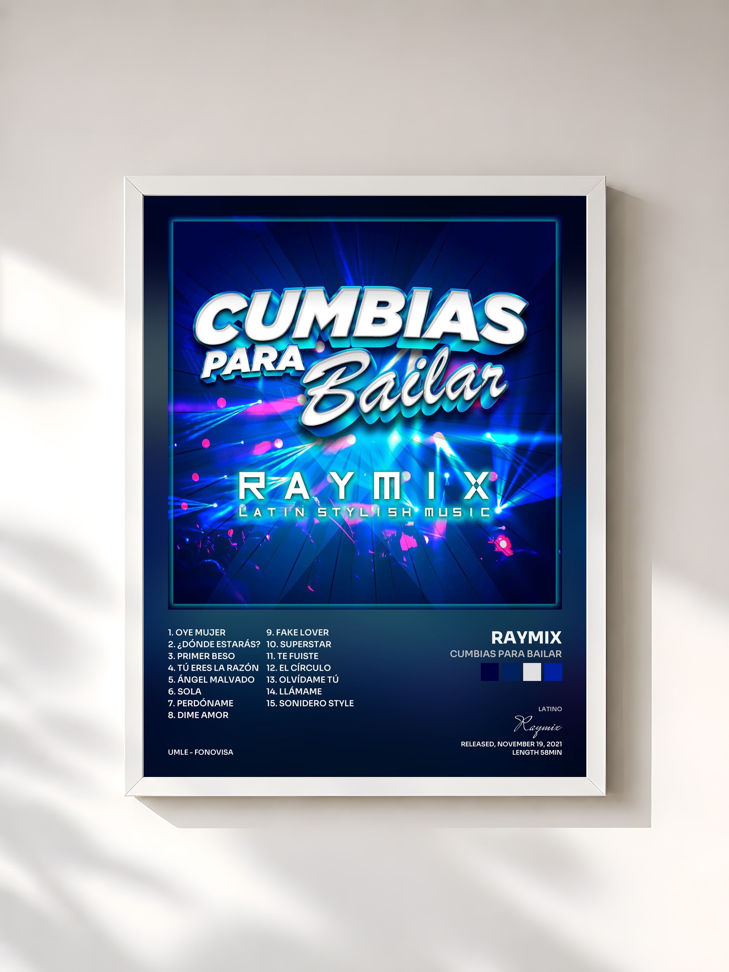 #blanc Tableau de l'album Cumbias Para Bailar de Raymix, cadre blanc, imprimé et encadré en France