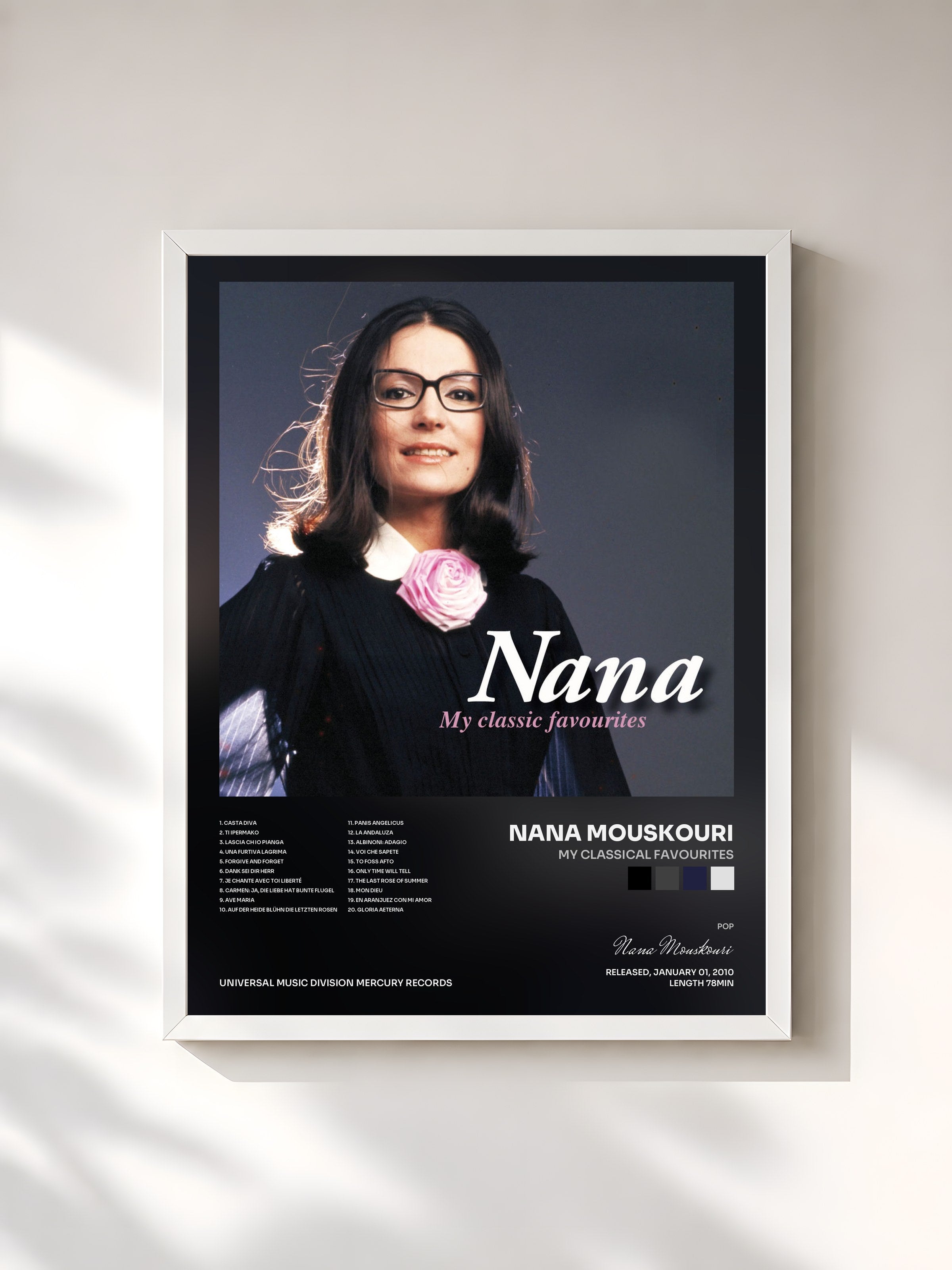 #blanc Tableau de l'album My Classical Favourites de Nana Mouskouri, cadre blanc, imprimé et encadré en France