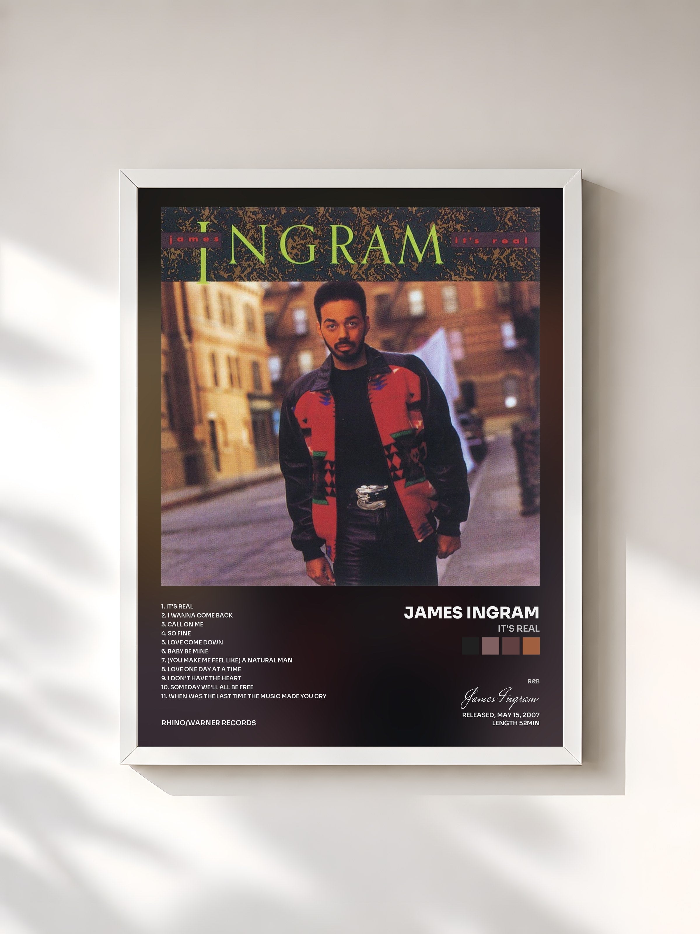#blanc Tableau de l'album It's Real de James Ingram, cadre blanc, imprimé et encadré en France
