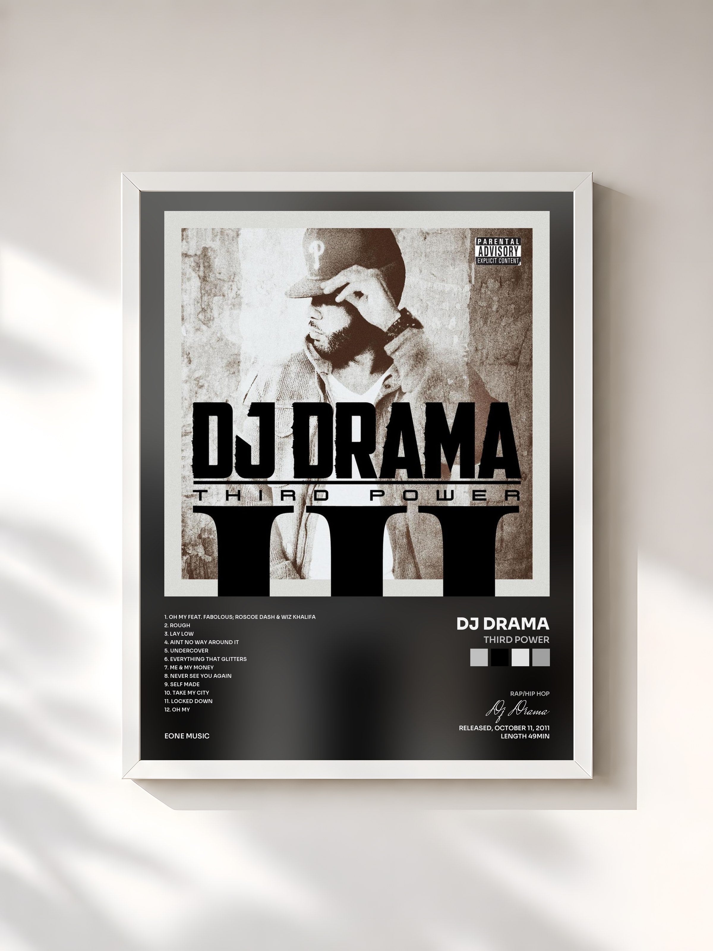 #blanc Tableau de l'album Third Power de Dj Drama, cadre blanc, imprimé et encadré en France
