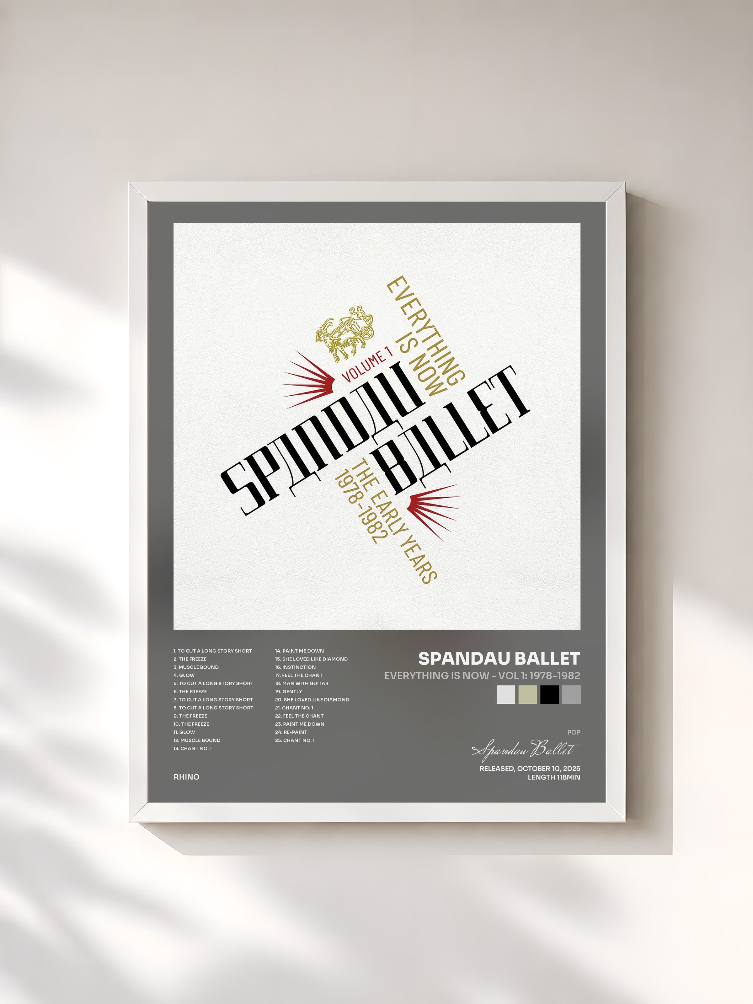 #blanc Tableau de l'album Everything Is Now - Vol 1: 1978-1982 de Spandau Ballet, cadre blanc, imprimé et encadré en France