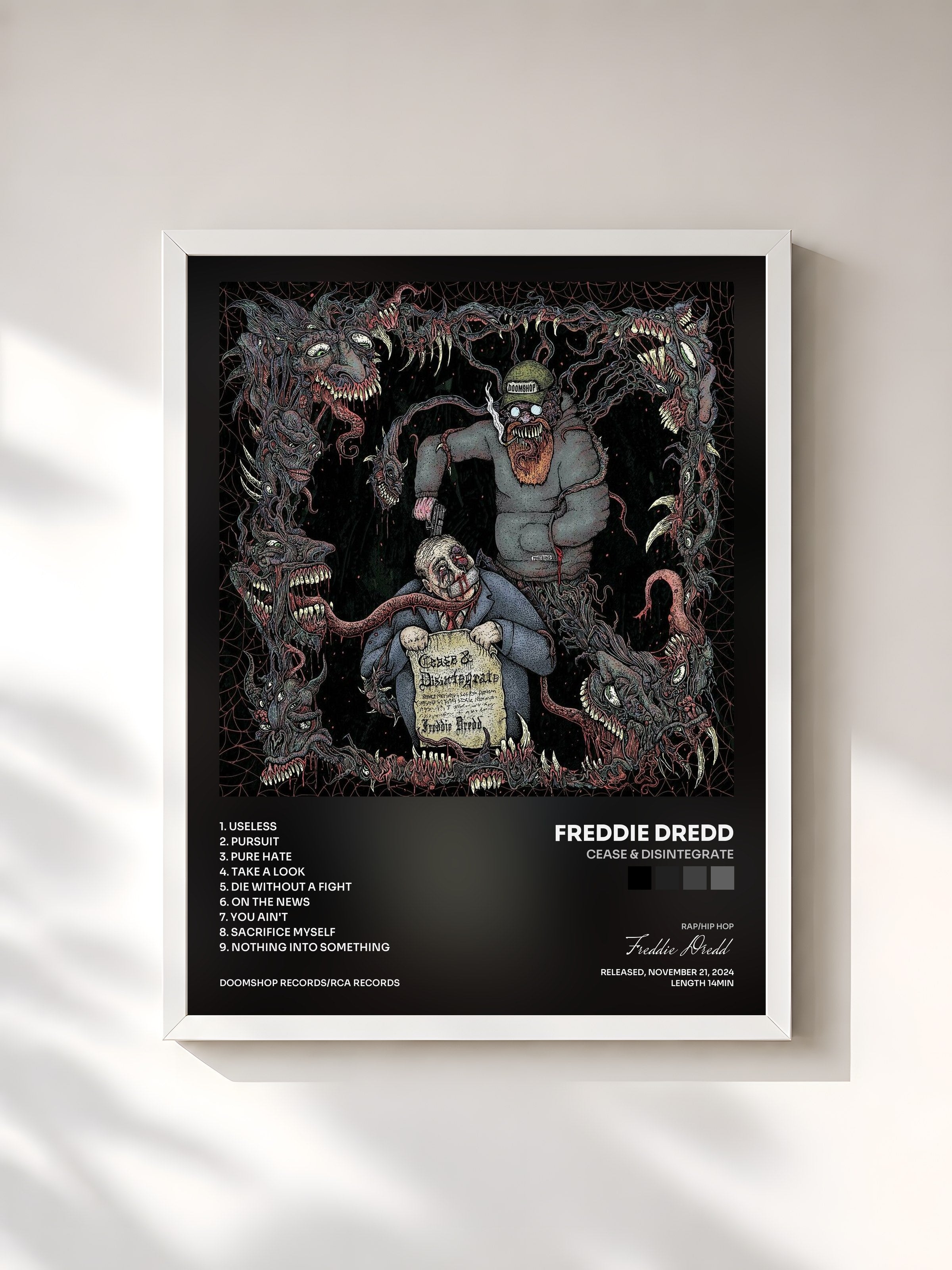 #blanc Tableau de l'album Cease & Disintegrate de Freddie Dredd, cadre blanc, imprimé et encadré en France