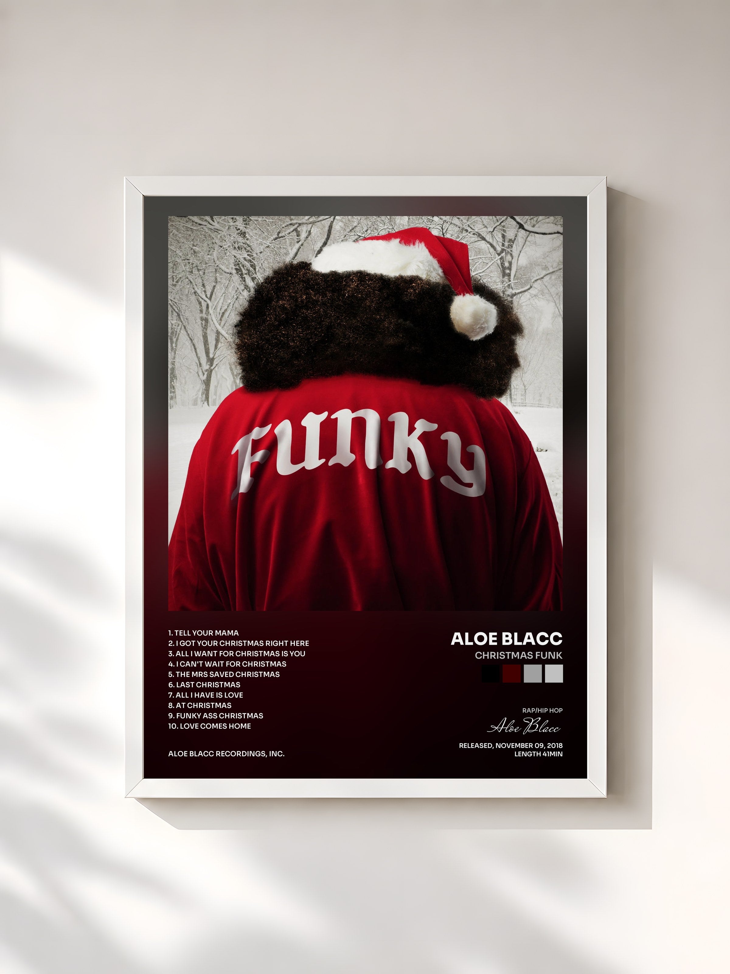 #blanc Tableau de l'album Christmas Funk de Aloe Blacc, cadre blanc, imprimé et encadré en France
