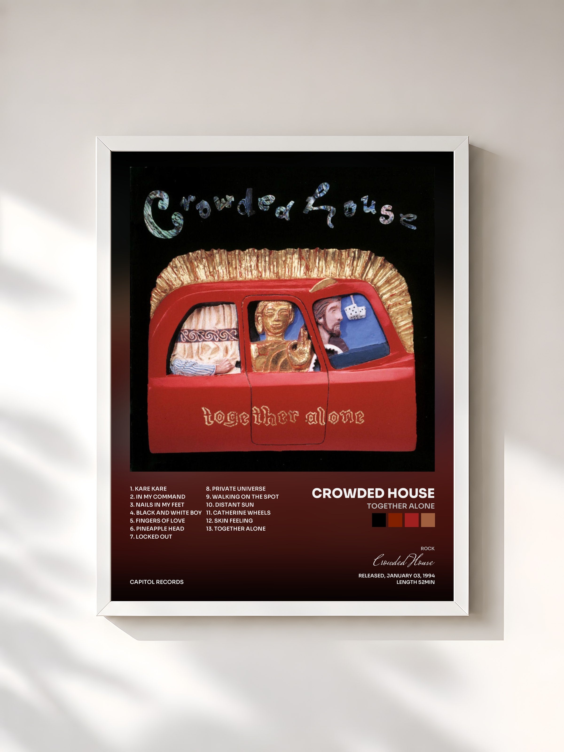 #blanc Tableau de l'album Together Alone de Crowded House, cadre blanc, imprimé et encadré en France
