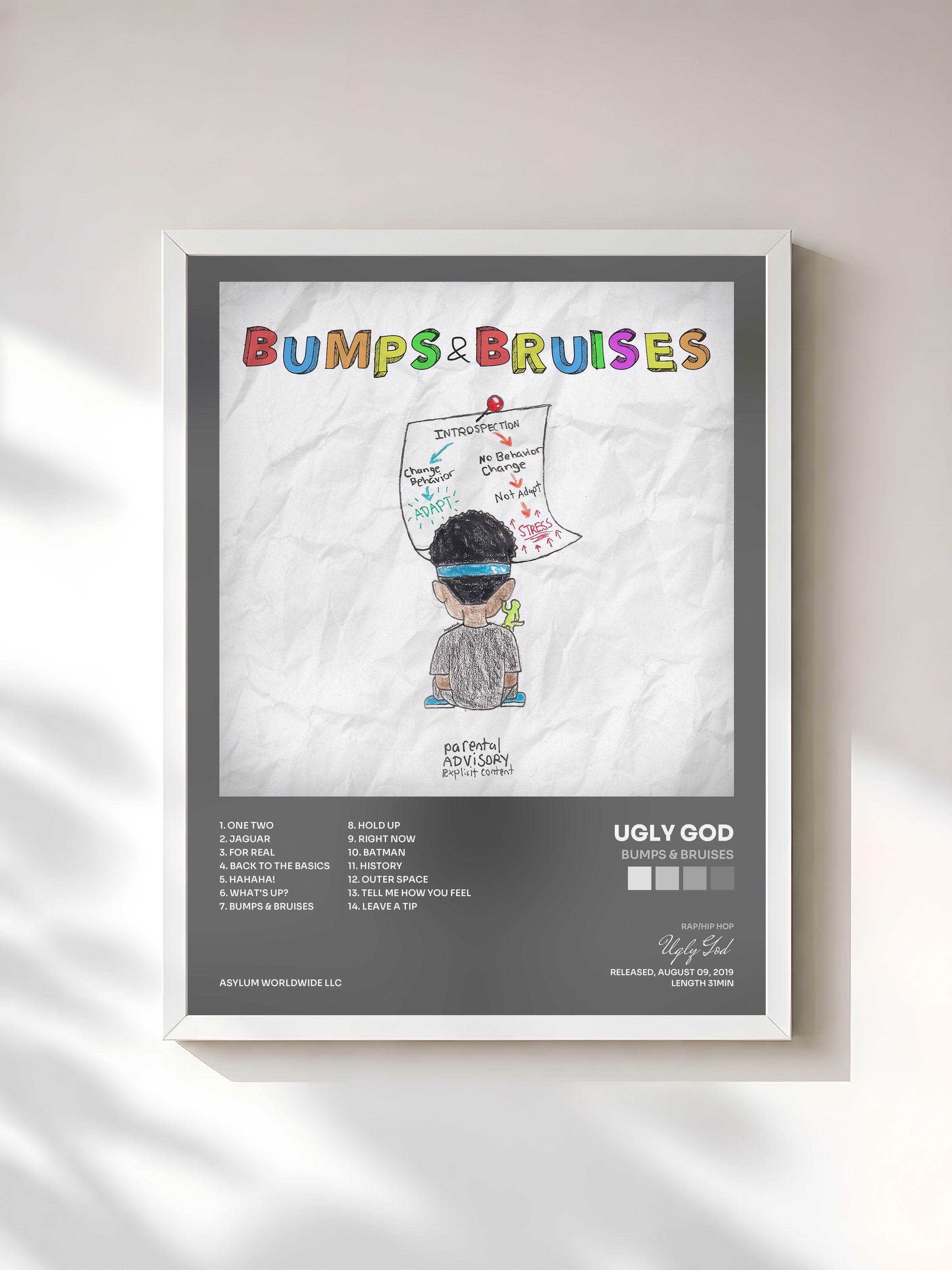 #blanc Tableau de l'album Bumps & Bruises de Ugly God, cadre blanc, imprimé et encadré en France