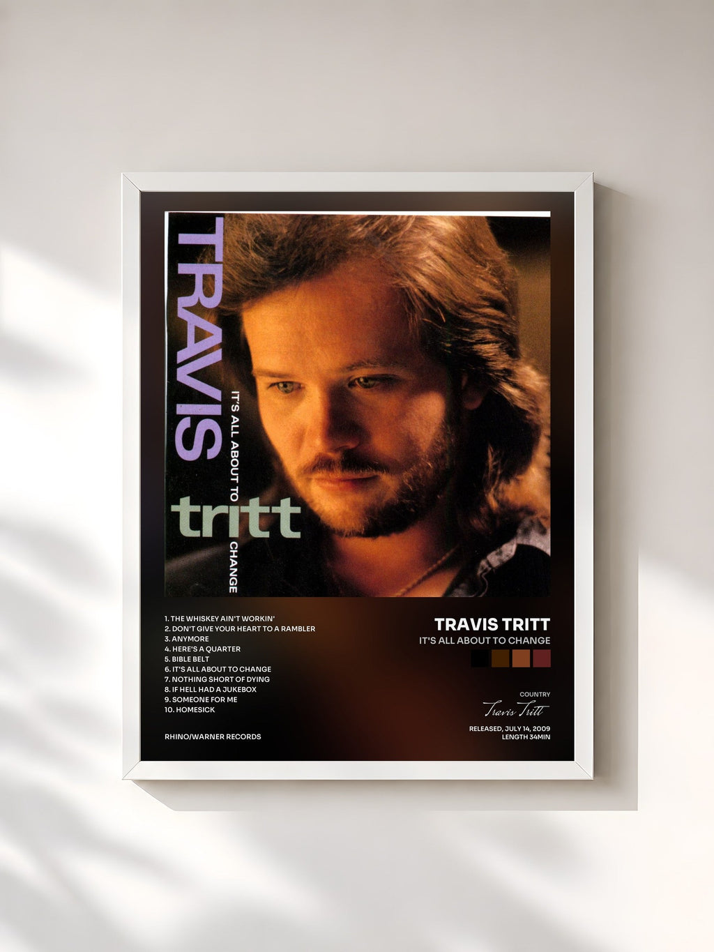 #blanc Tableau de l'album It's All About to Change de Travis Tritt, cadre blanc, imprimé et encadré en France