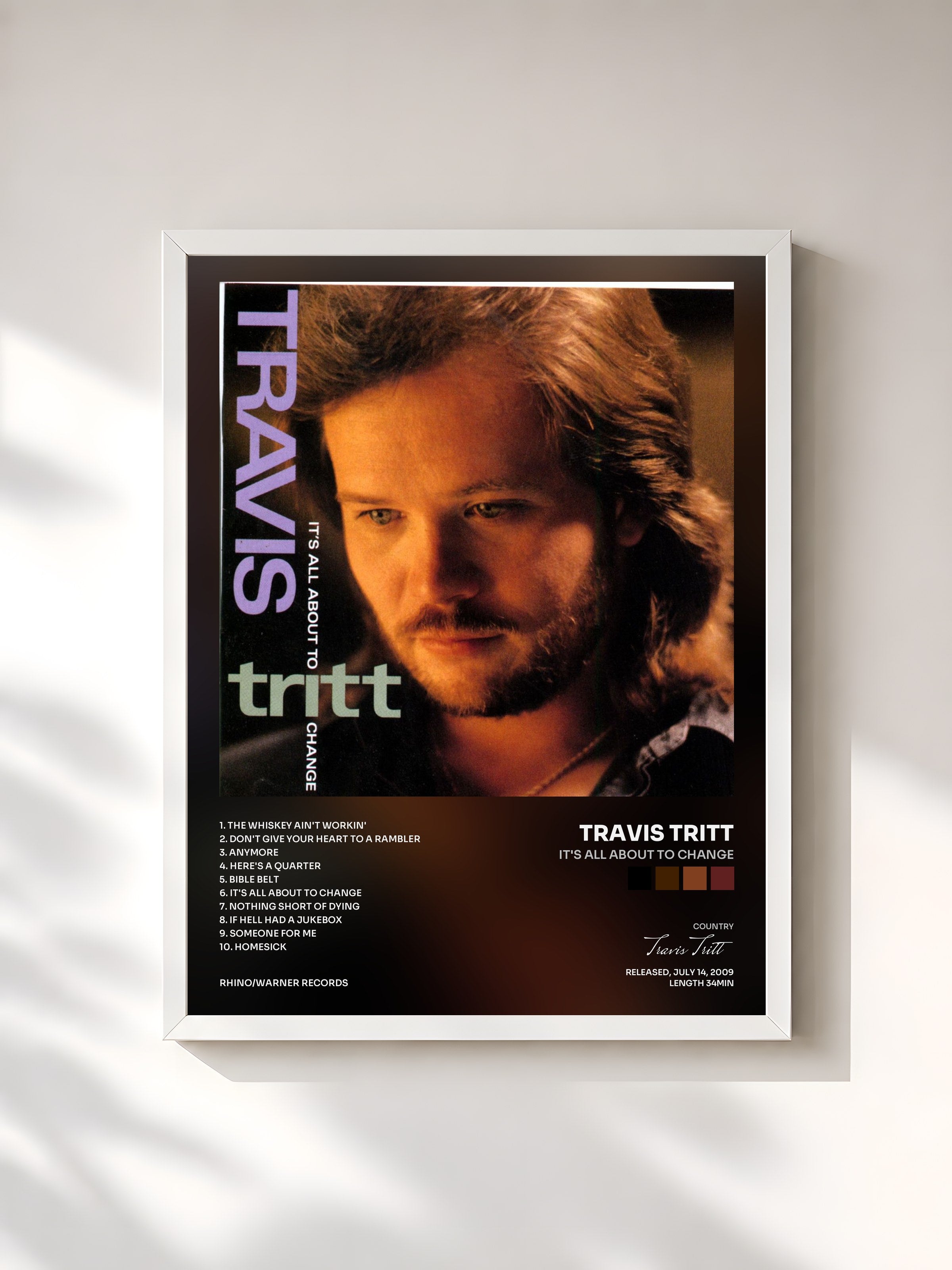#blanc Tableau de l'album It's All About to Change de Travis Tritt, cadre blanc, imprimé et encadré en France