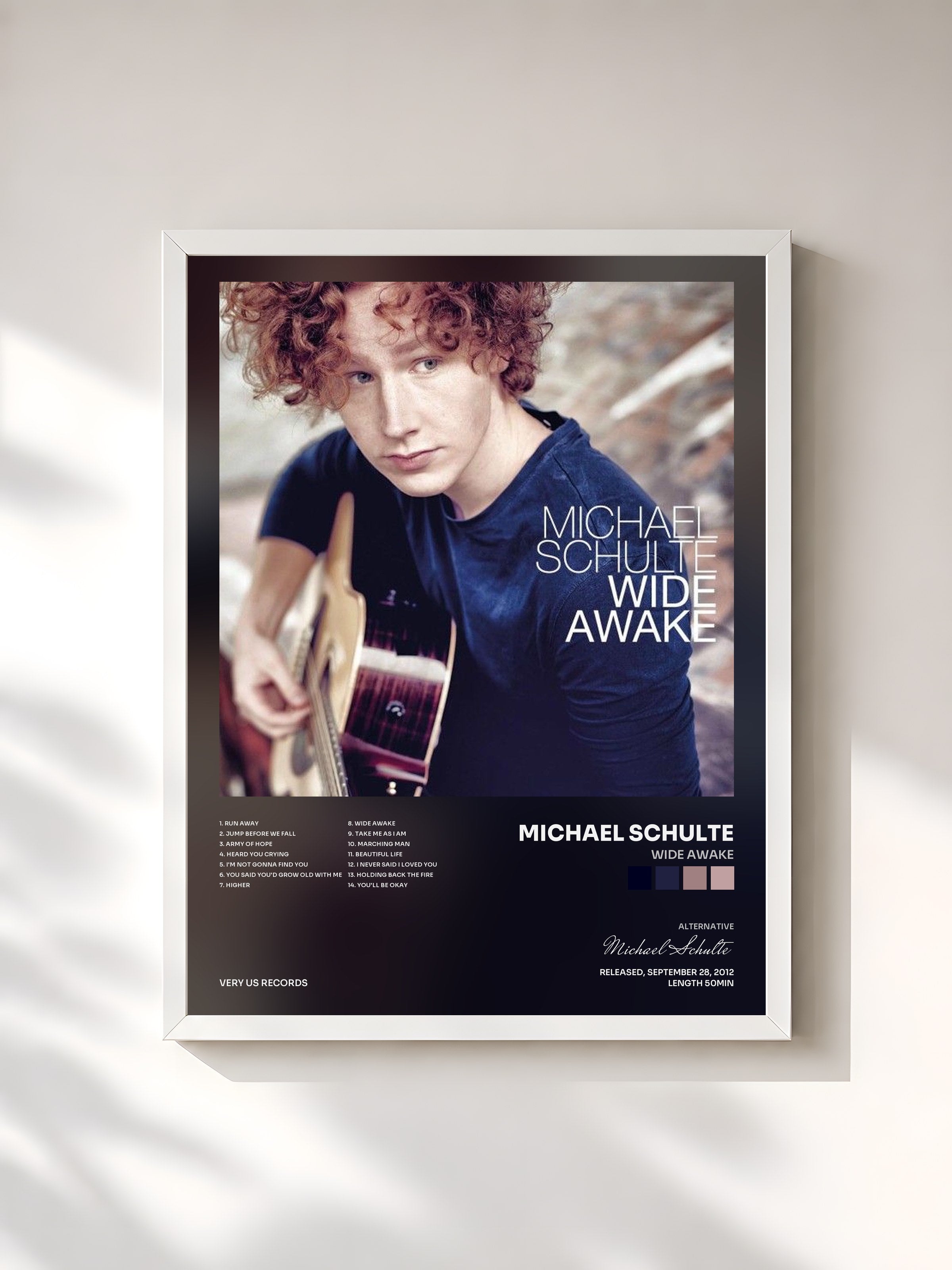 #blanc Tableau de l'album Wide Awake de Michael Schulte, cadre blanc, imprimé et encadré en France