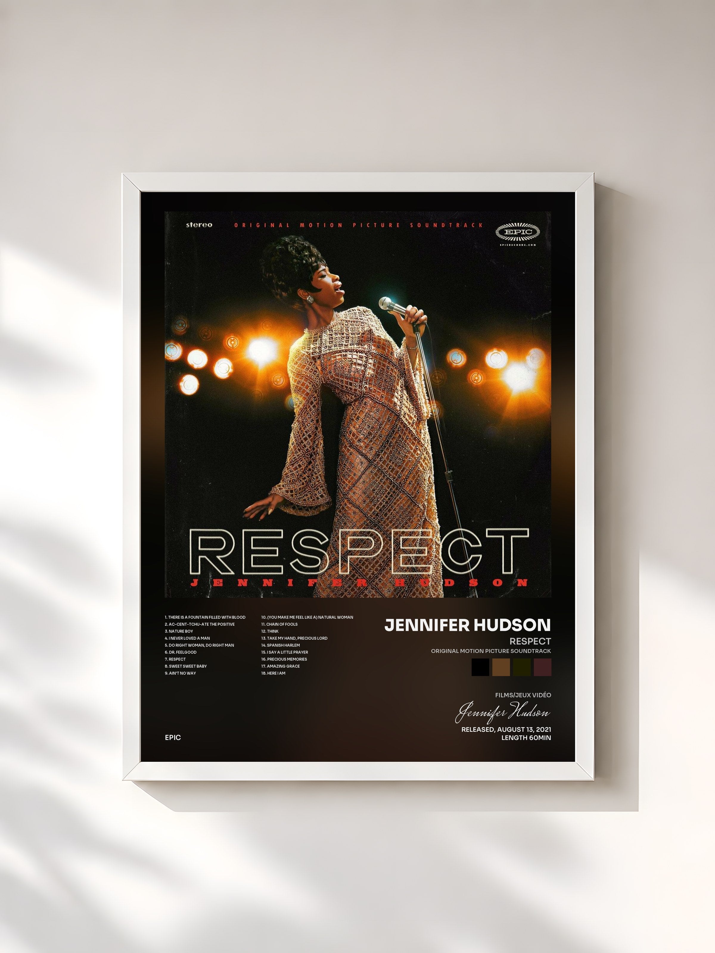 #blanc Tableau de l'album RESPECT (Original Motion Picture Soundtrack) de Jennifer Hudson, cadre blanc, imprimé et encadré en France