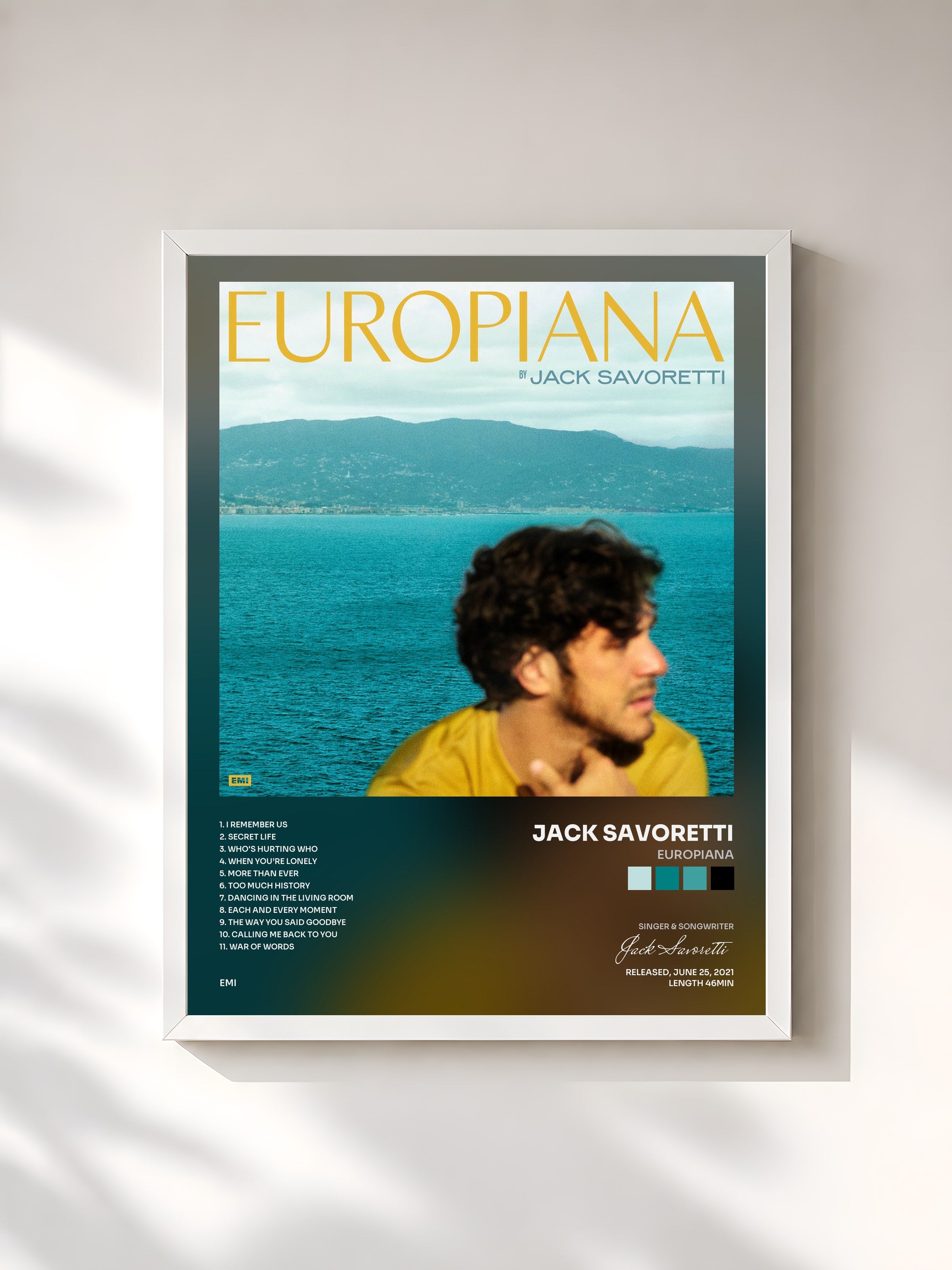 #blanc Tableau de l'album Europiana de Jack Savoretti, cadre blanc, imprimé et encadré en France