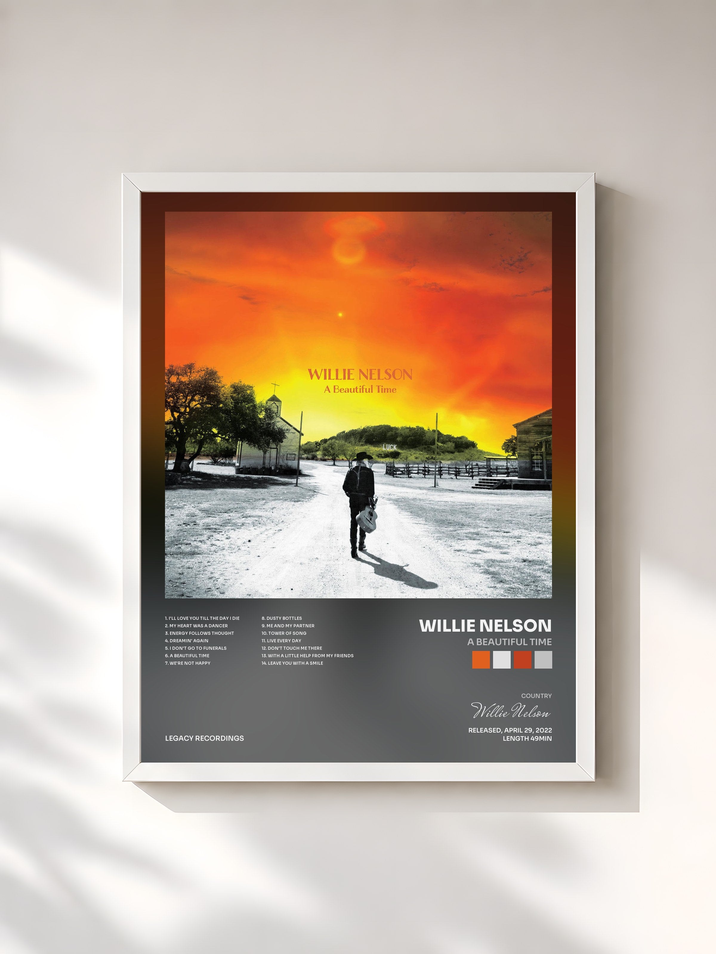 #blanc Tableau de l'album A Beautiful Time de Willie Nelson, cadre blanc, imprimé et encadré en France