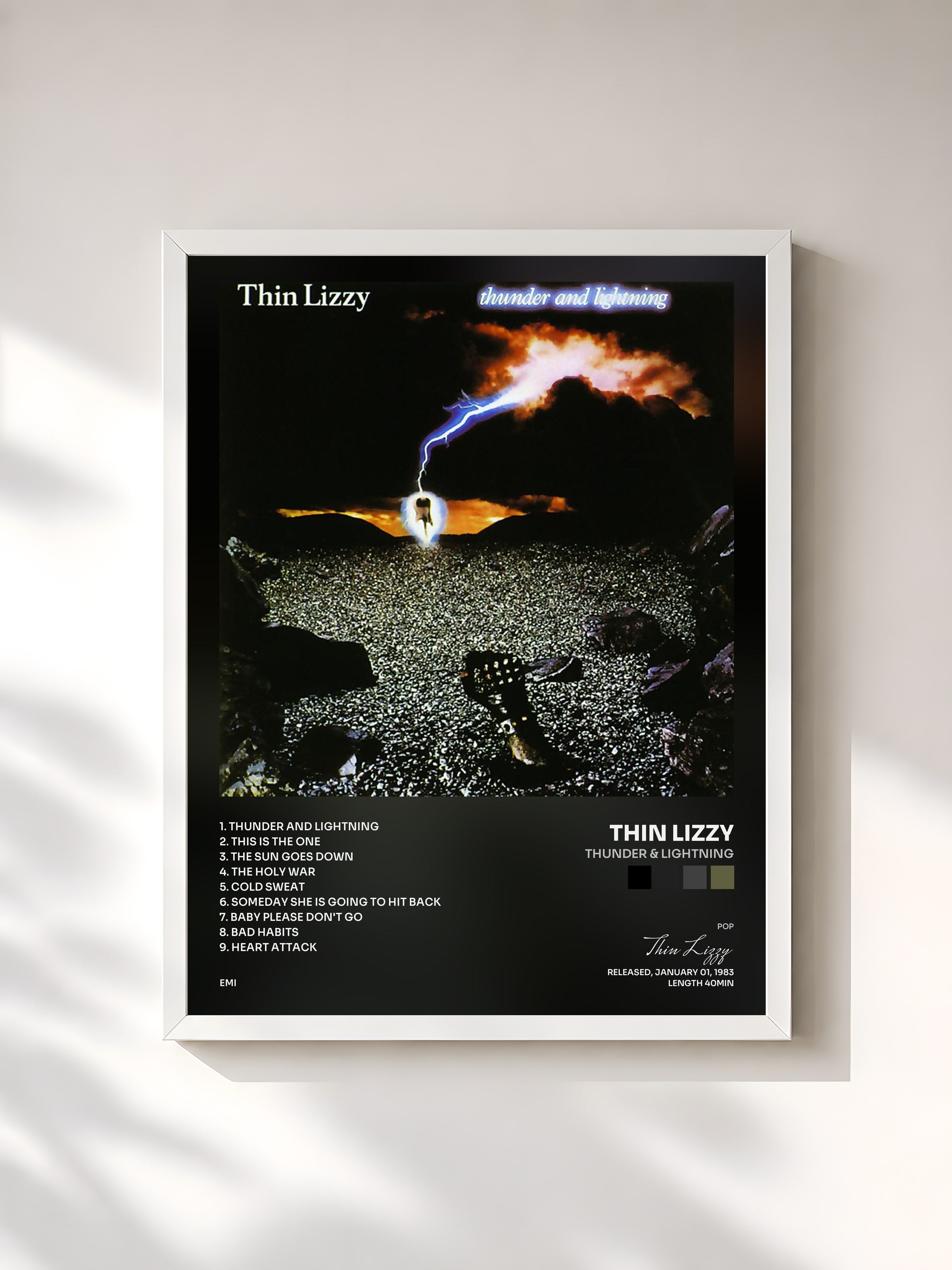 #blanc Tableau de l'album Thunder & Lightning de Thin Lizzy, cadre blanc, imprimé et encadré en France