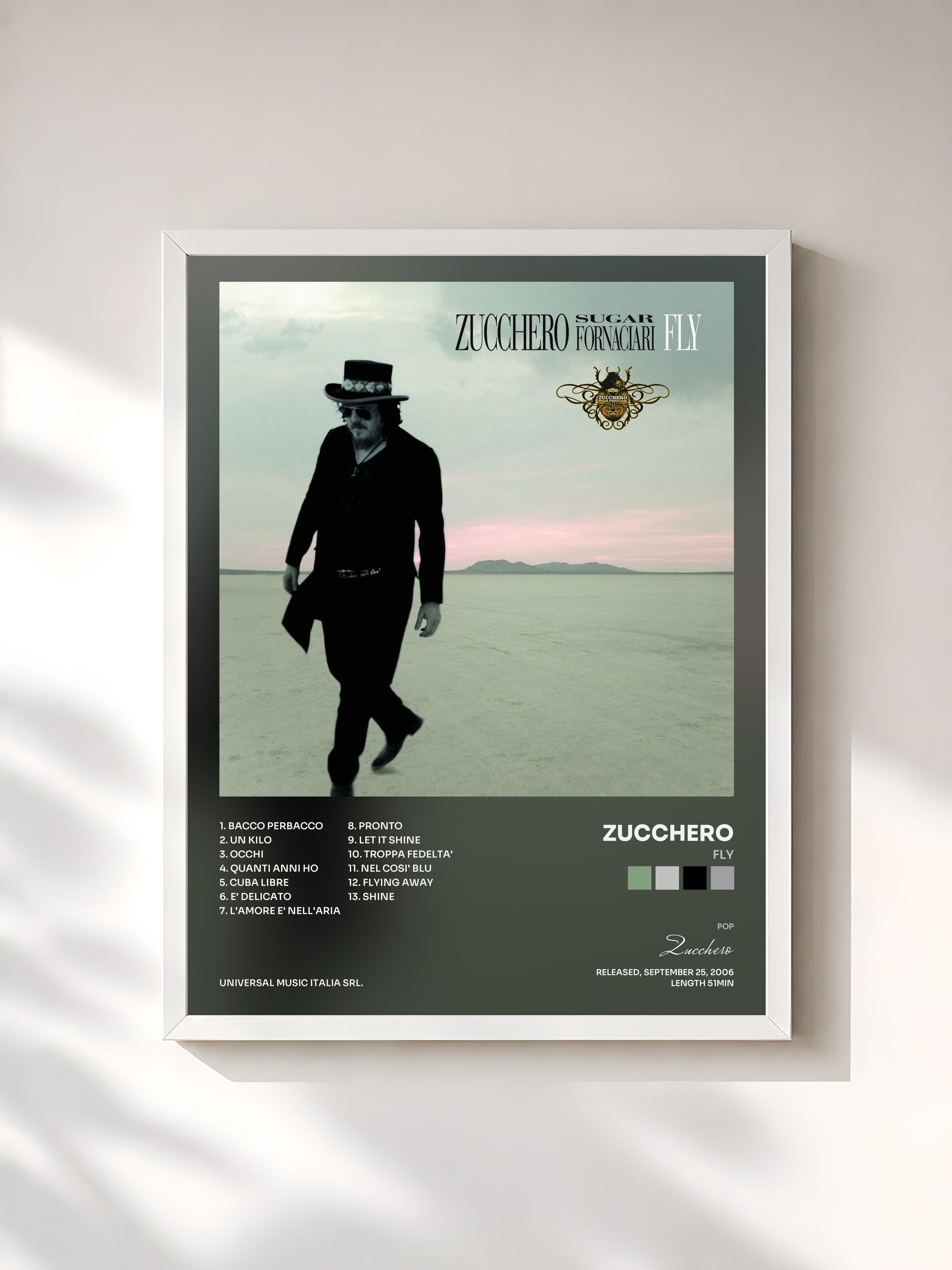#blanc Tableau de l'album Fly de Zucchero, cadre blanc, imprimé et encadré en France
