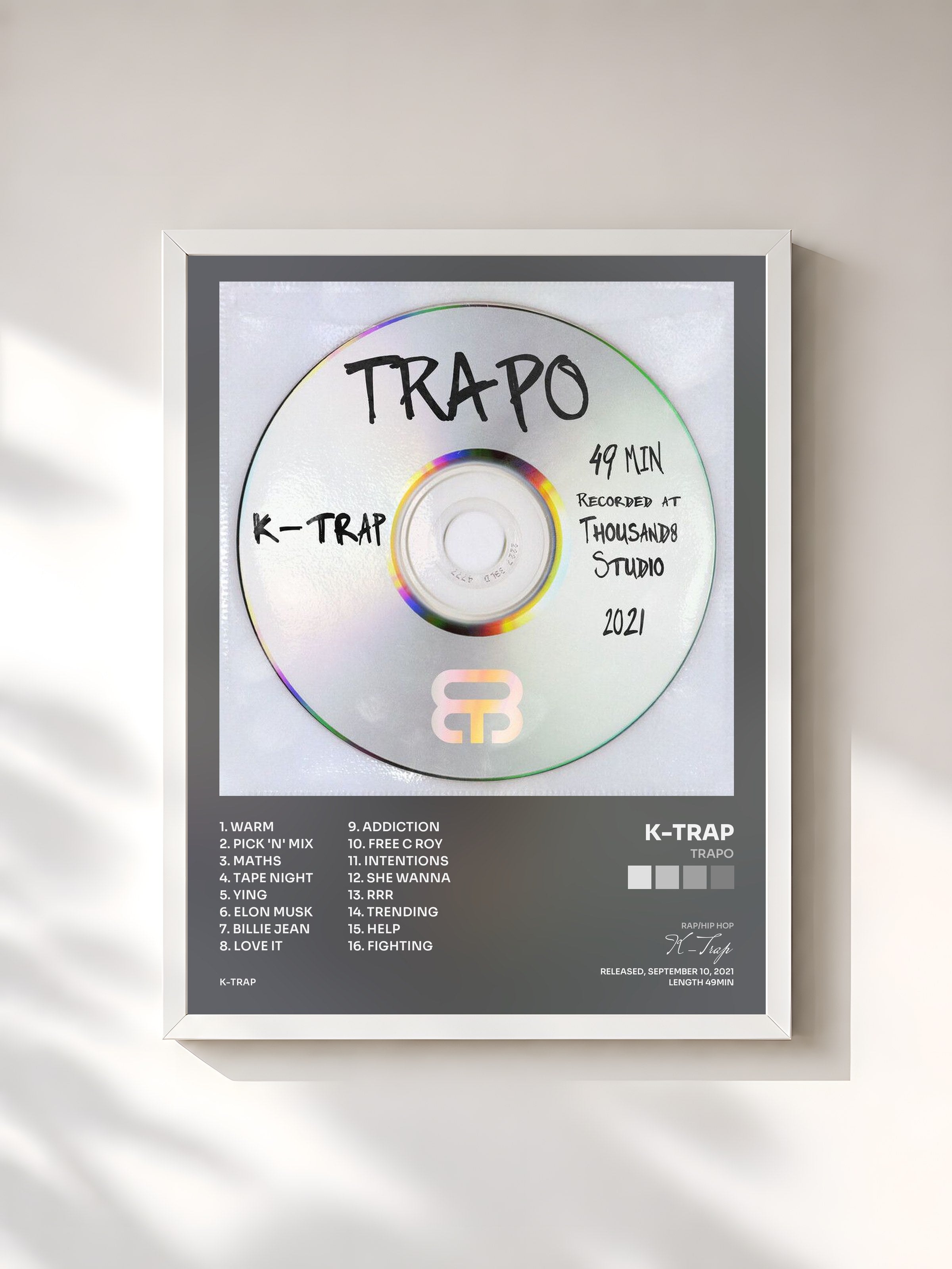 #blanc Tableau de l'album Trapo de K-Trap, cadre blanc, imprimé et encadré en France