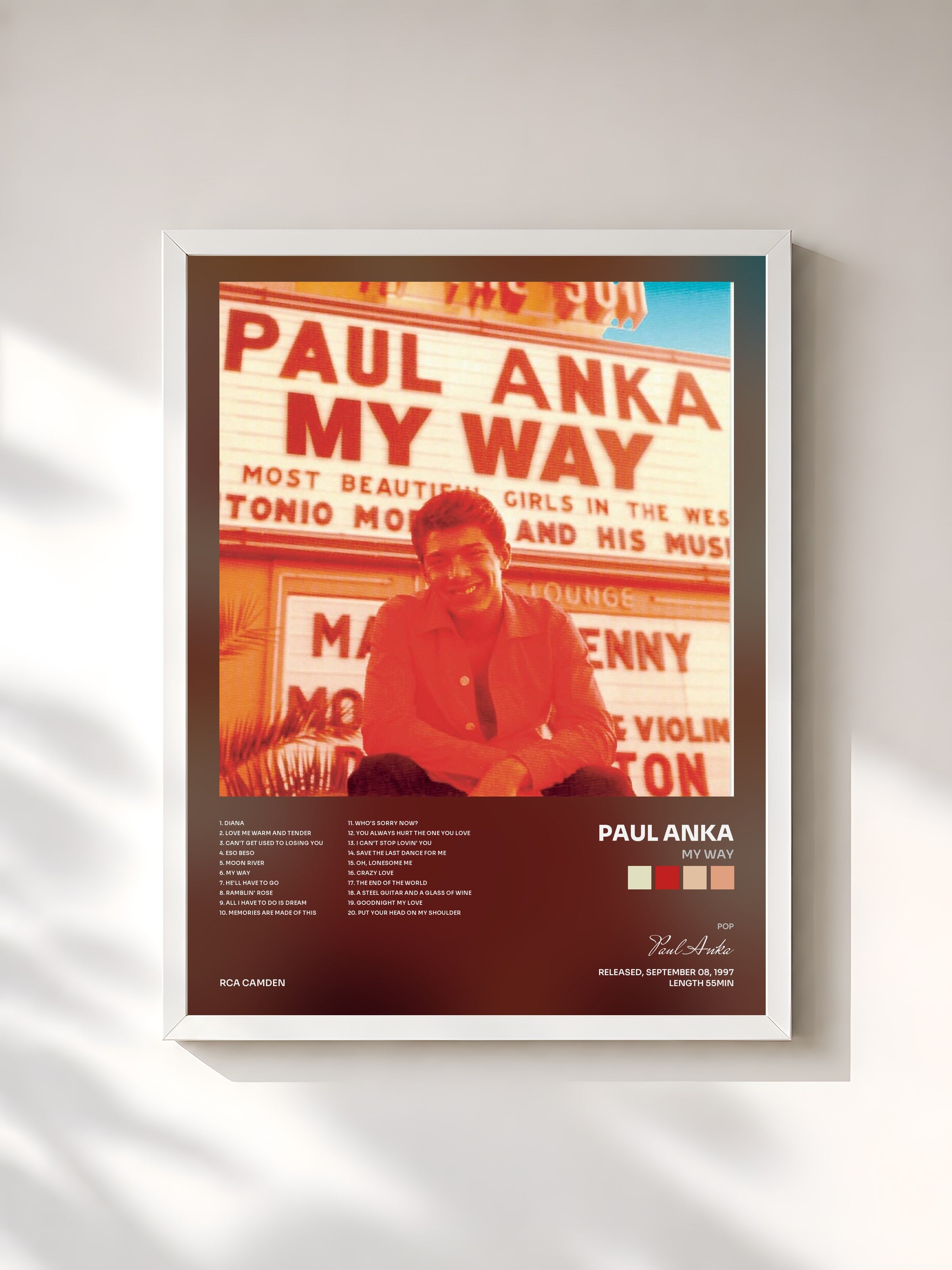 #blanc Tableau de l'album My Way de Paul Anka, cadre blanc, imprimé et encadré en France
