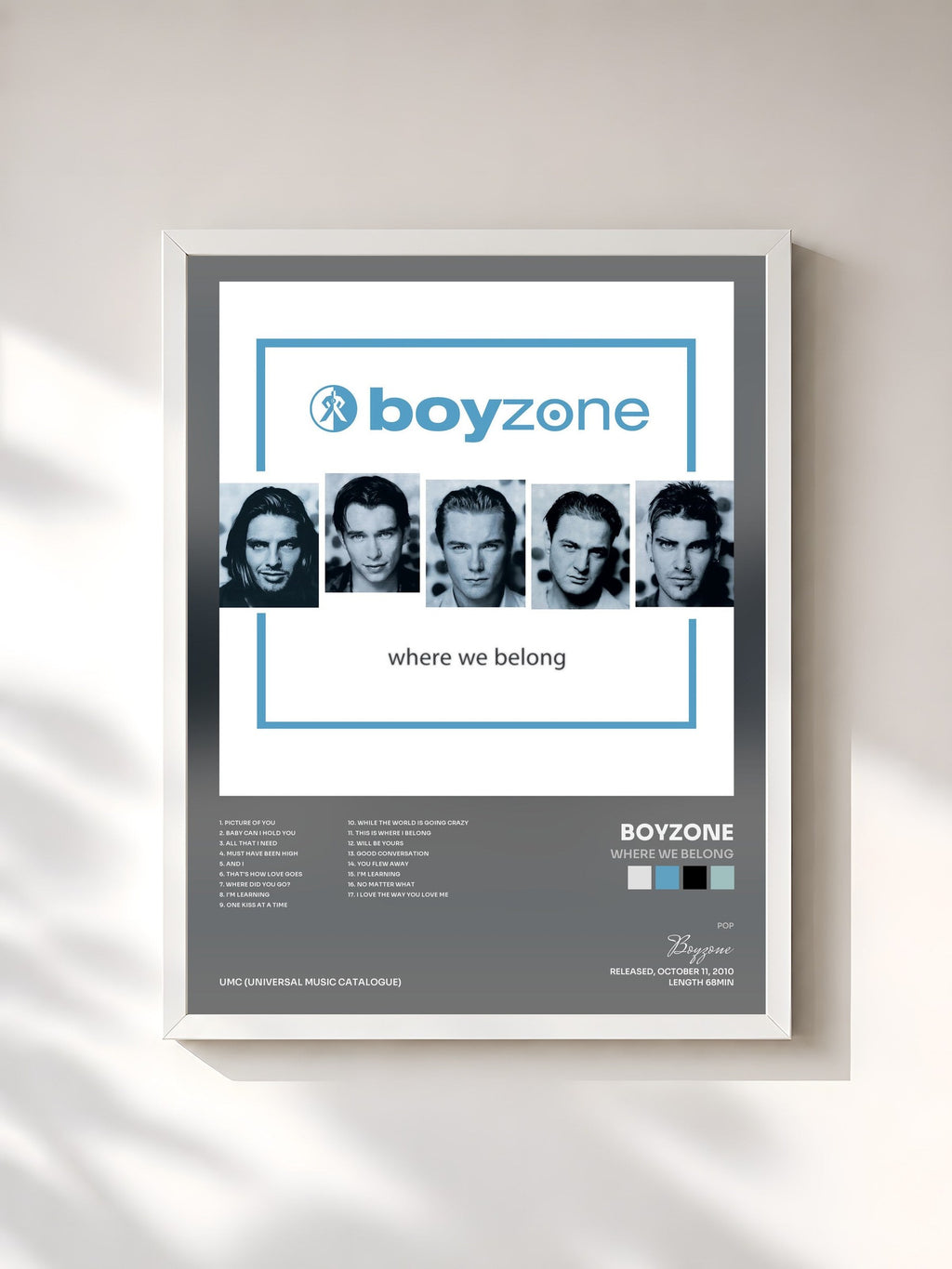#blanc Tableau de l'album Where We Belong de Boyzone, cadre blanc, imprimé et encadré en France