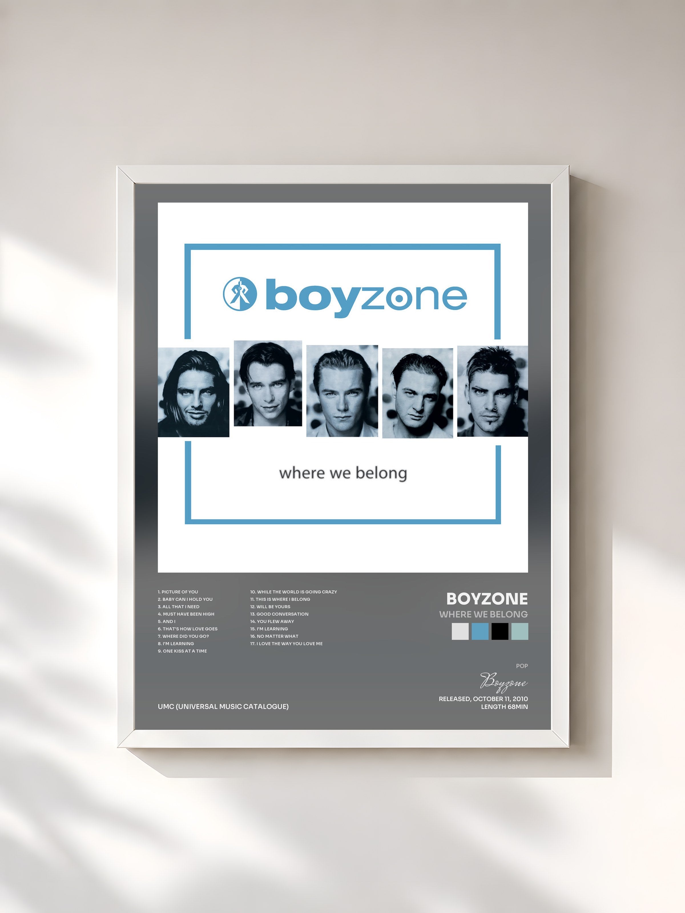 #blanc Tableau de l'album Where We Belong de Boyzone, cadre blanc, imprimé et encadré en France