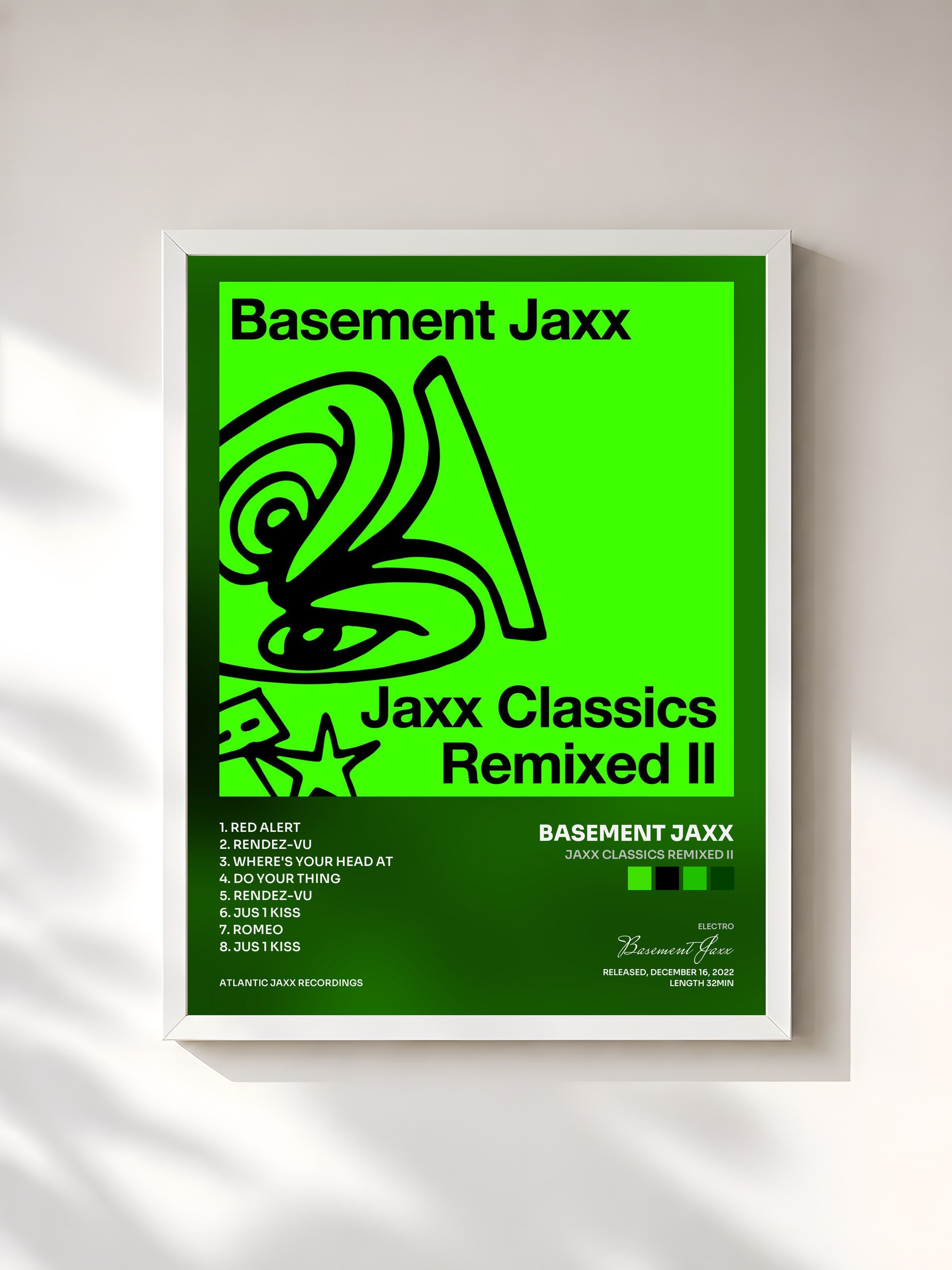 #blanc Tableau de l'album Jaxx Classics Remixed II de Basement Jaxx, cadre blanc, imprimé et encadré en France