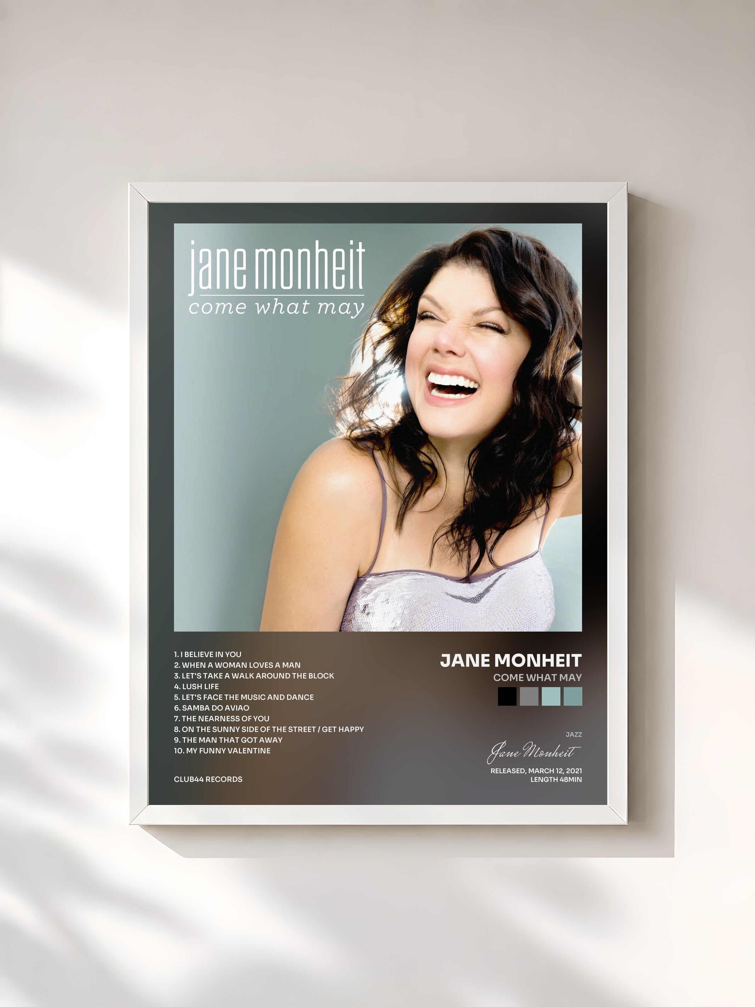 #blanc Tableau de l'album Come What May de Jane Monheit, cadre blanc, imprimé et encadré en France