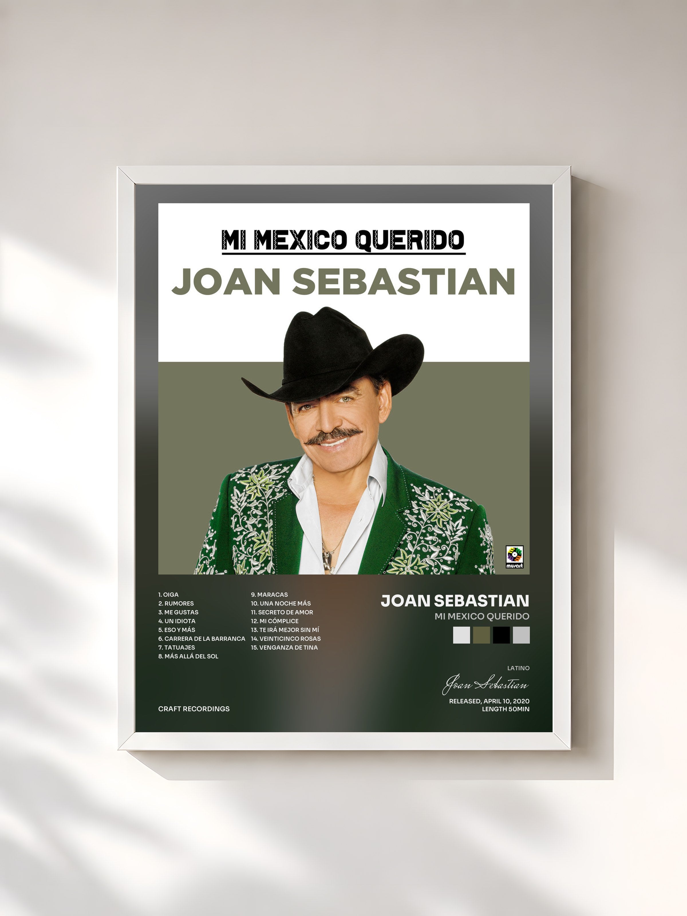 #blanc Tableau de l'album Mi Mexico Querido de Joan Sebastian, cadre blanc, imprimé et encadré en France