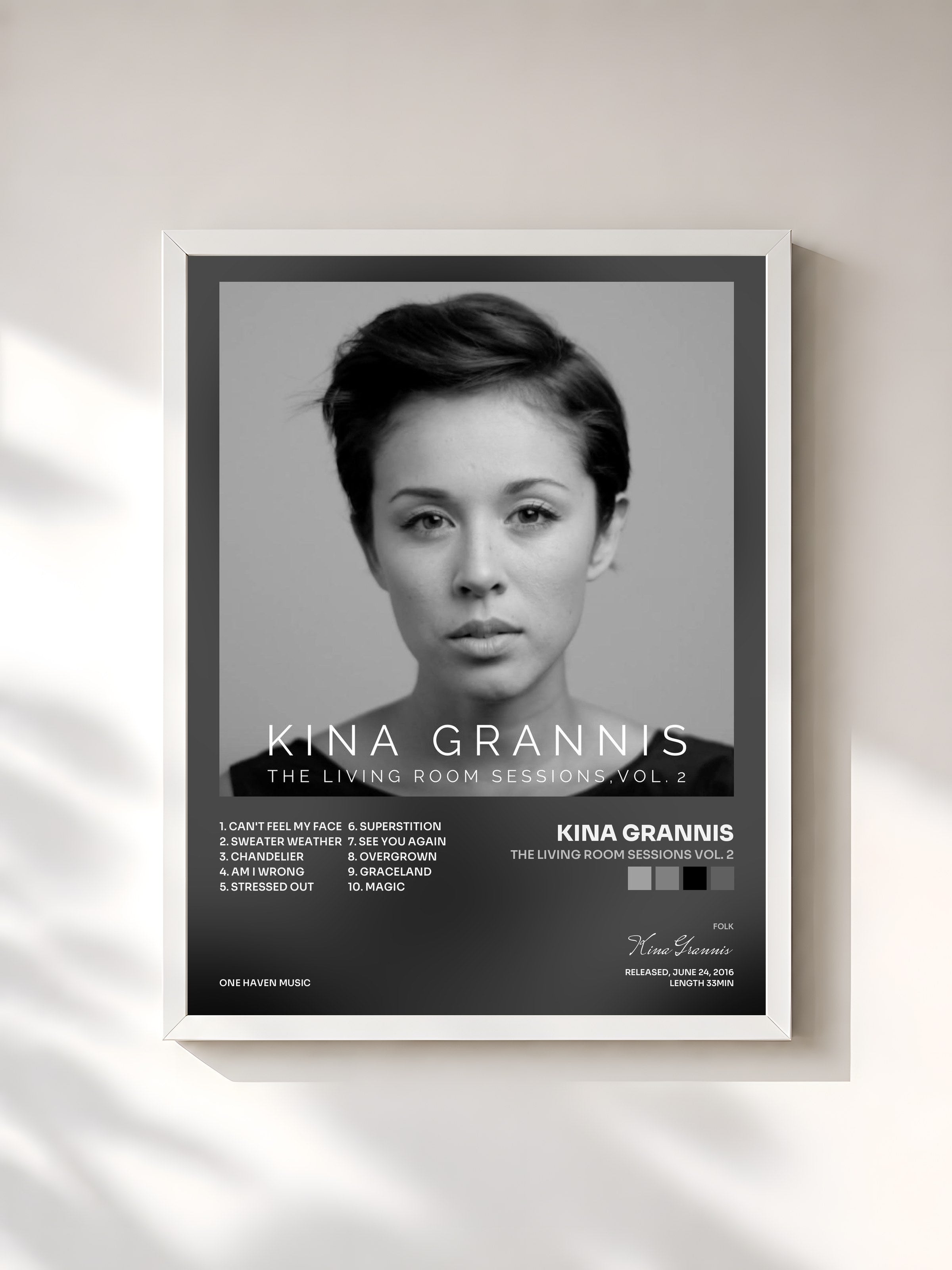 #blanc Tableau de l'album The Living Room Sessions Vol. 2 de Kina Grannis, cadre blanc, imprimé et encadré en France
