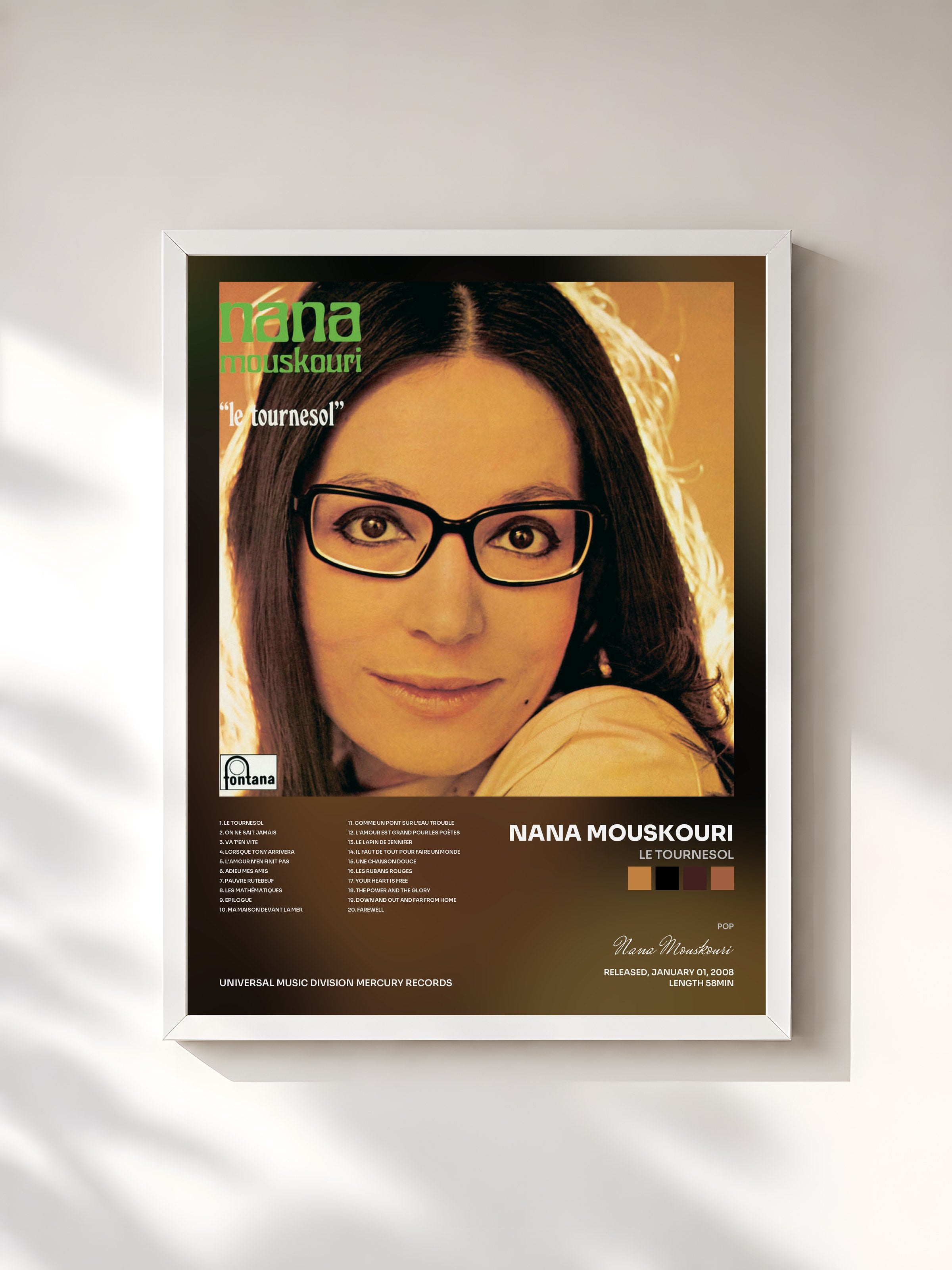 #blanc Tableau de l'album Le Tournesol de Nana Mouskouri, cadre blanc, imprimé et encadré en France