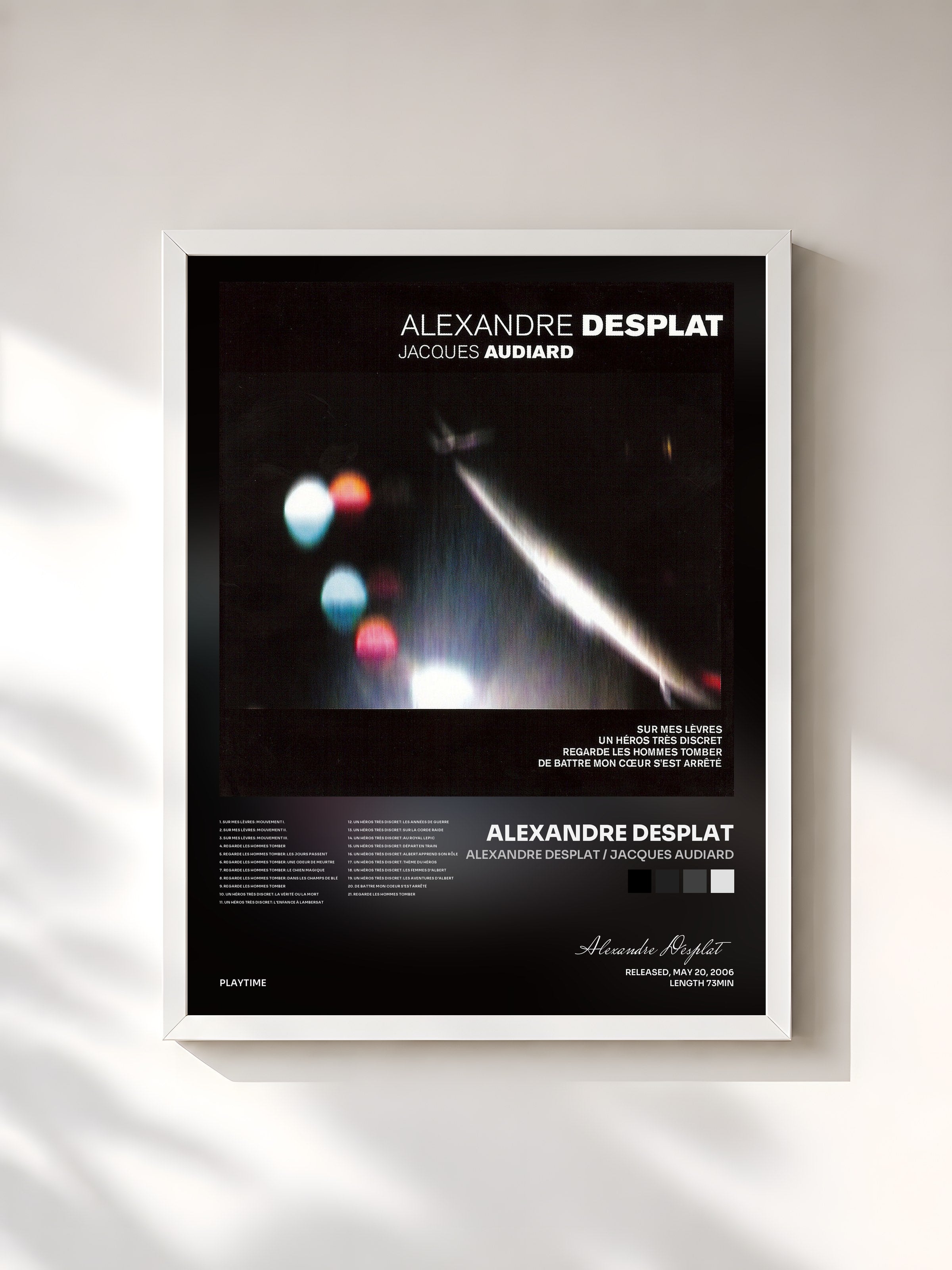 #blanc Tableau de l'album Alexandre Desplat / Jacques Audiard de Alexandre Desplat, cadre blanc, imprimé et encadré en France