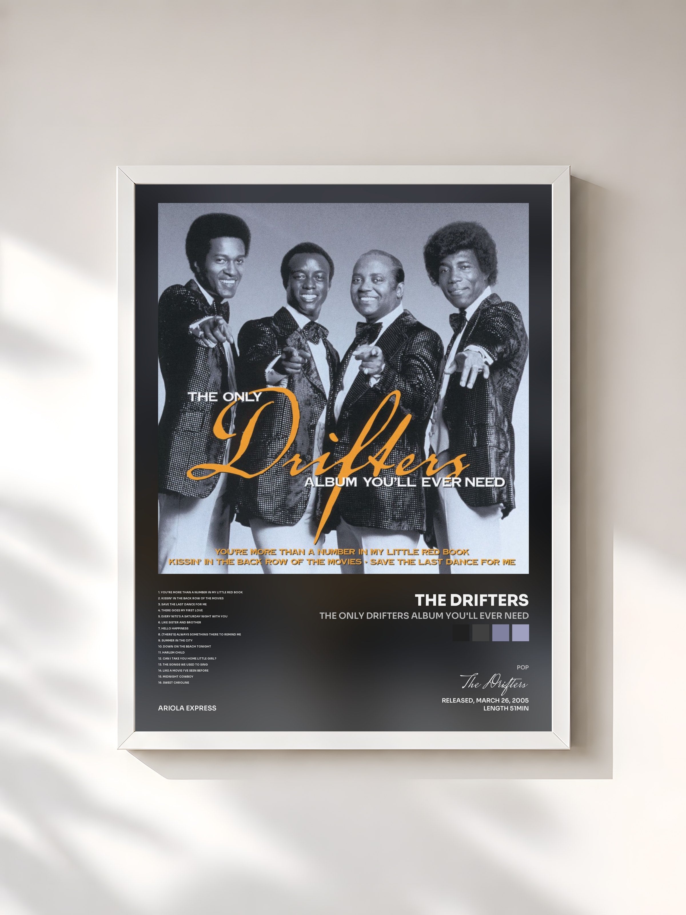 #blanc Tableau de l'album The Only Drifters Album You'll Ever Need de The Drifters, cadre blanc, imprimé et encadré en France