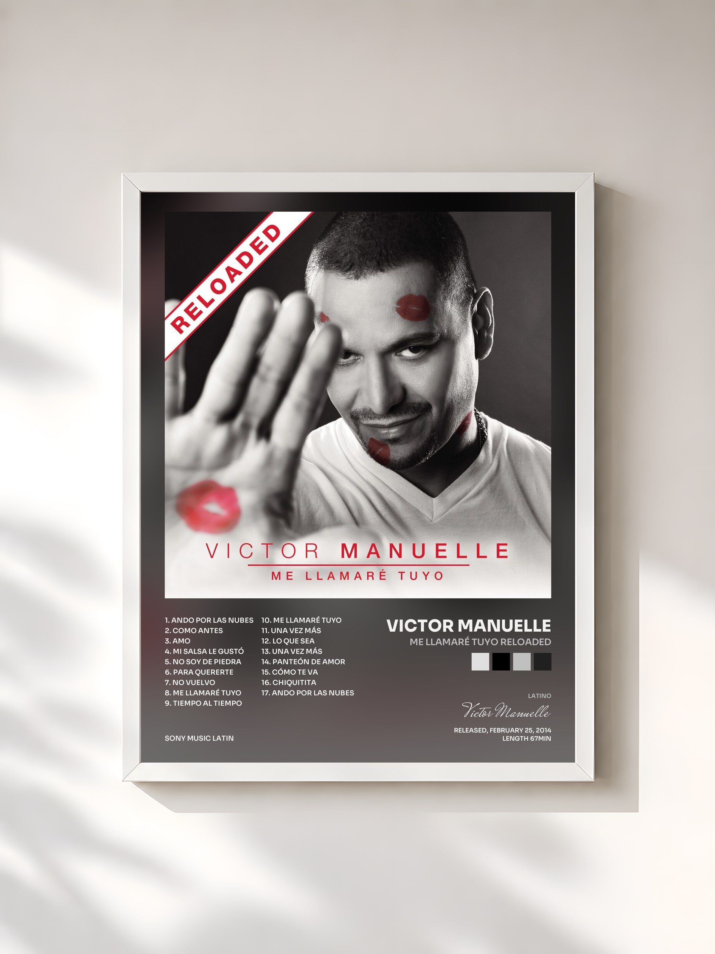 #blanc Tableau de l'album Me Llamaré Tuyo Reloaded de Victor Manuelle, cadre blanc, imprimé et encadré en France