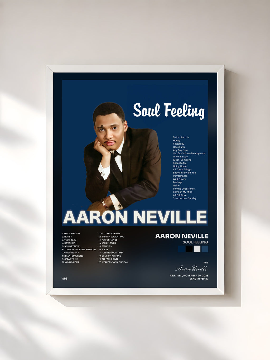#blanc Tableau de l'album Soul Feeling de Aaron Neville, cadre blanc, imprimé et encadré en France