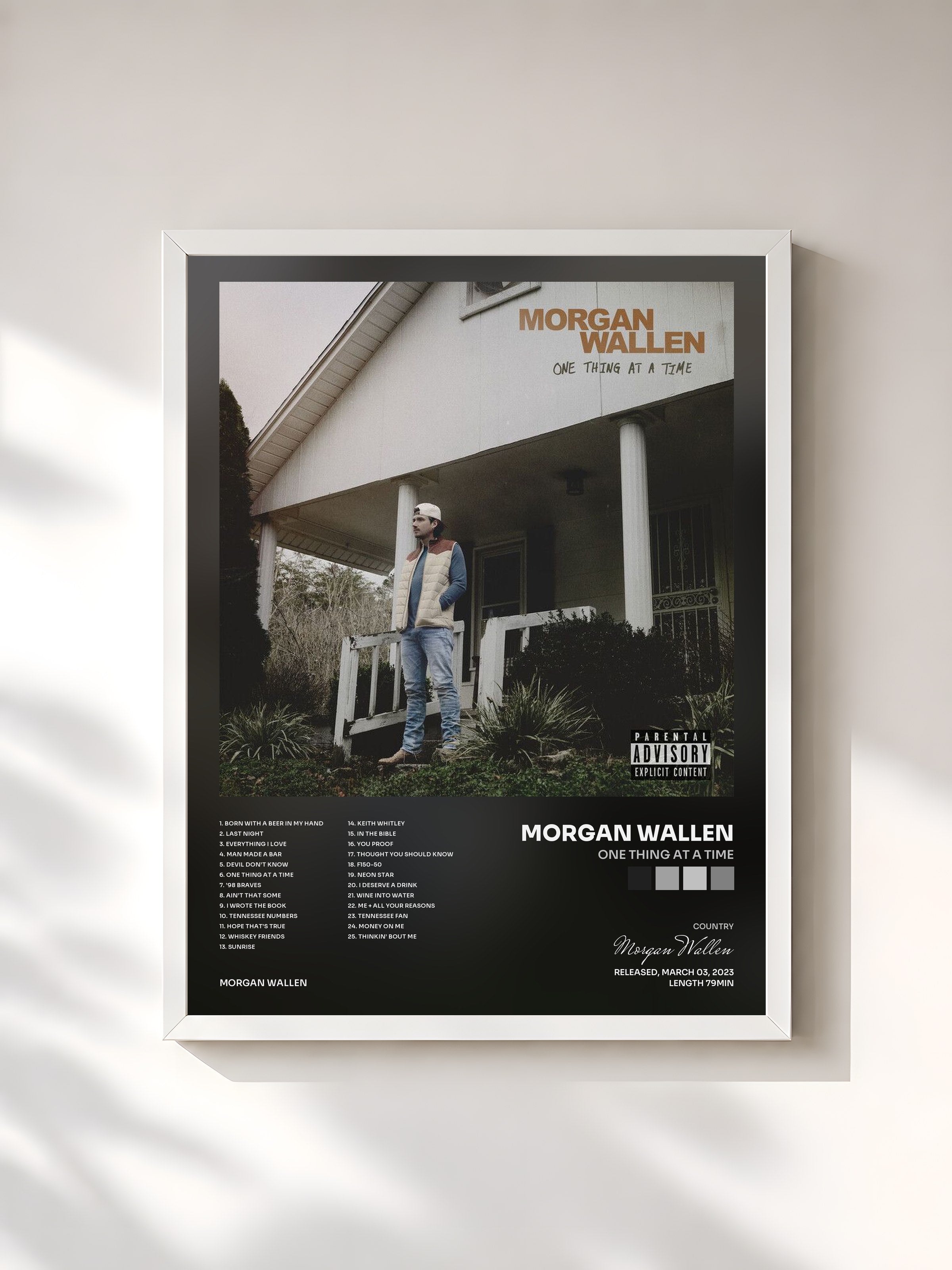 #blanc Tableau de l'album One Thing At A Time de Morgan Wallen, cadre blanc, imprimé et encadré en France