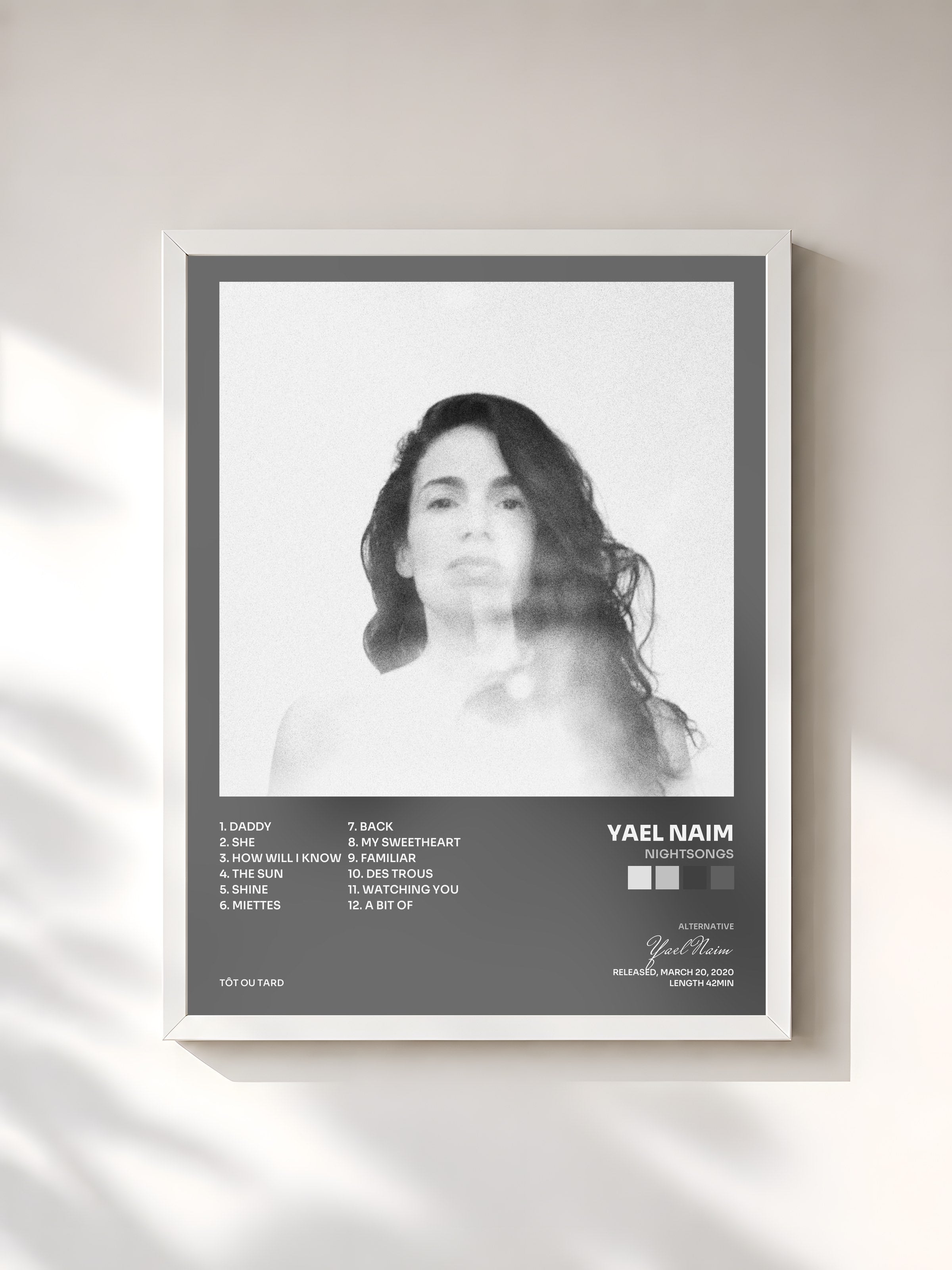 #blanc Tableau de l'album nightsongs de Yael Naim, cadre blanc, imprimé et encadré en France