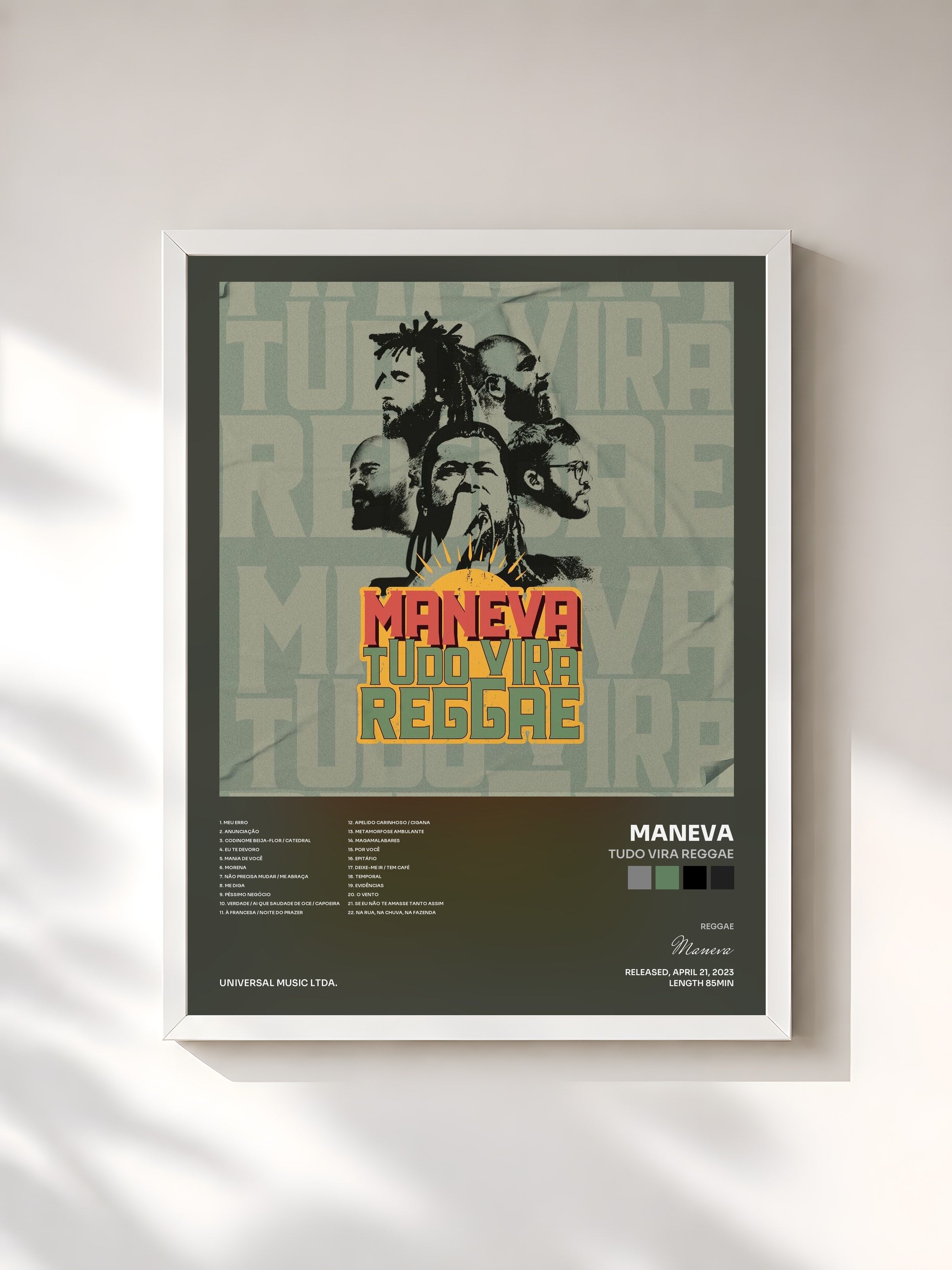 #blanc Tableau de l'album Tudo Vira Reggae de Maneva, cadre blanc, imprimé et encadré en France