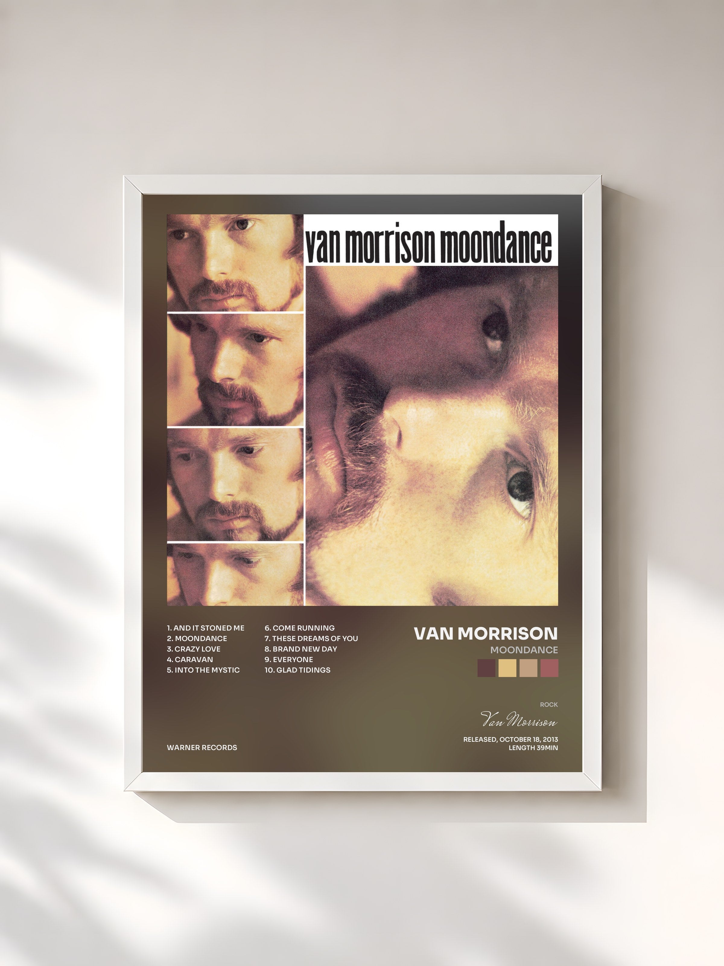 #blanc Tableau de l'album Moondance de Van Morrison, cadre blanc, imprimé et encadré en France