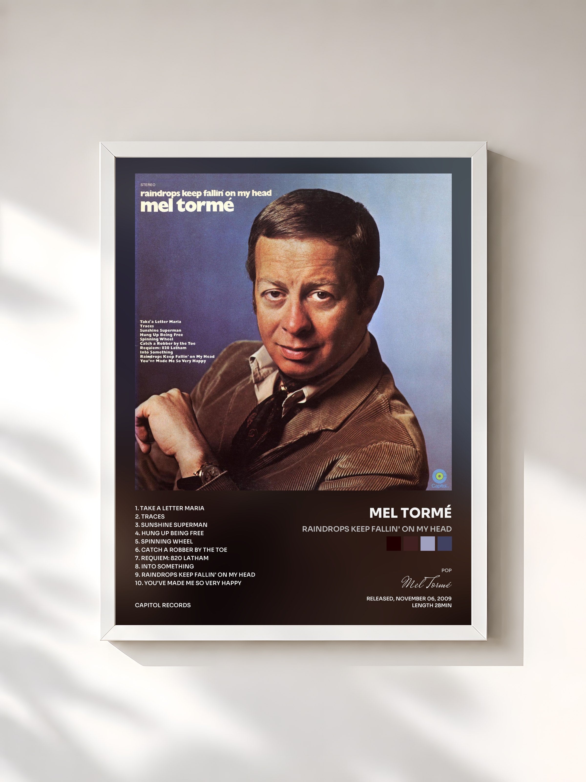 #blanc Tableau de l'album Raindrops Keep Fallin' On My Head de Mel Tormé, cadre blanc, imprimé et encadré en France