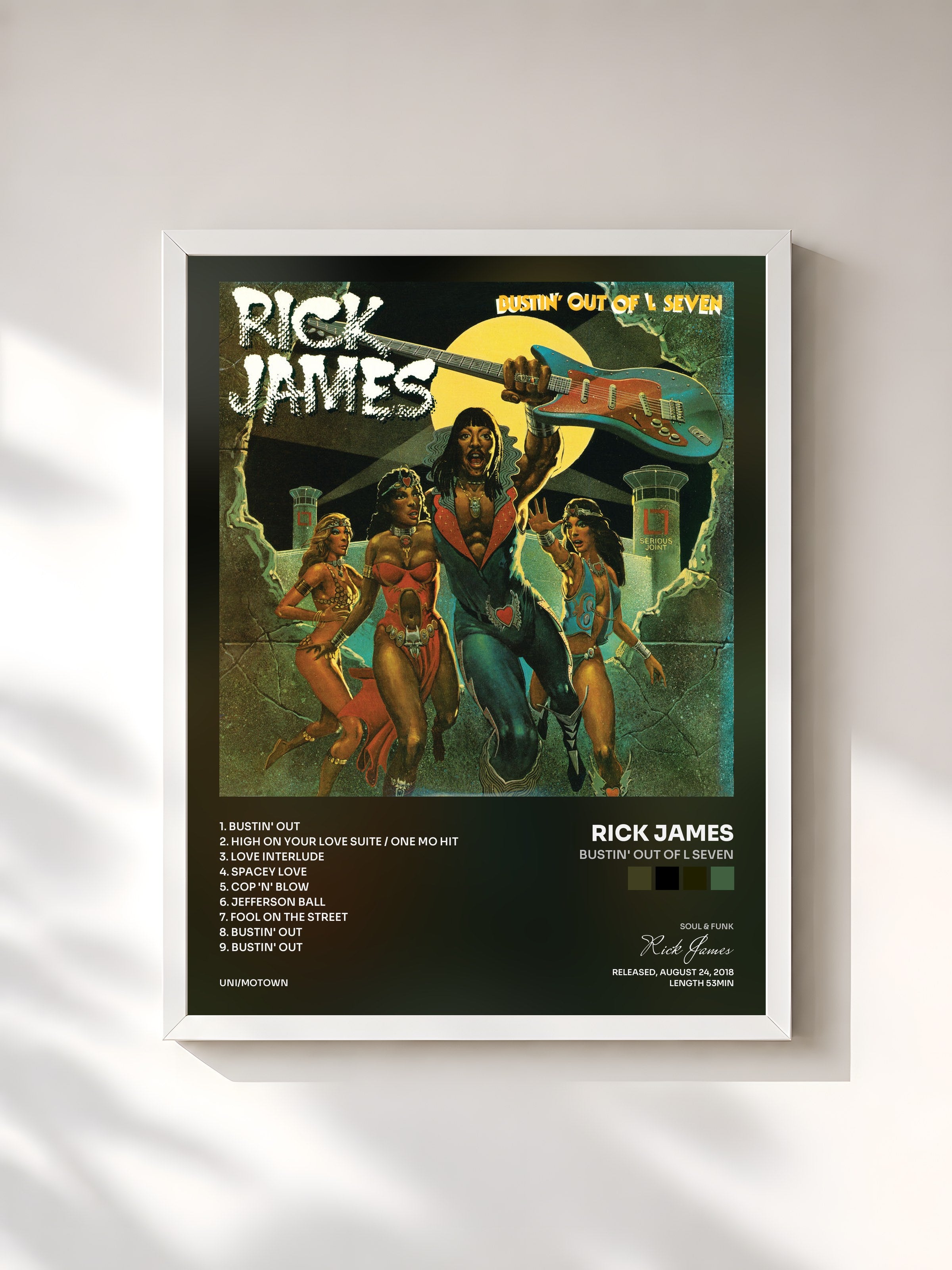 #blanc Tableau de l'album Bustin' Out of L Seven de Rick James, cadre blanc, imprimé et encadré en France