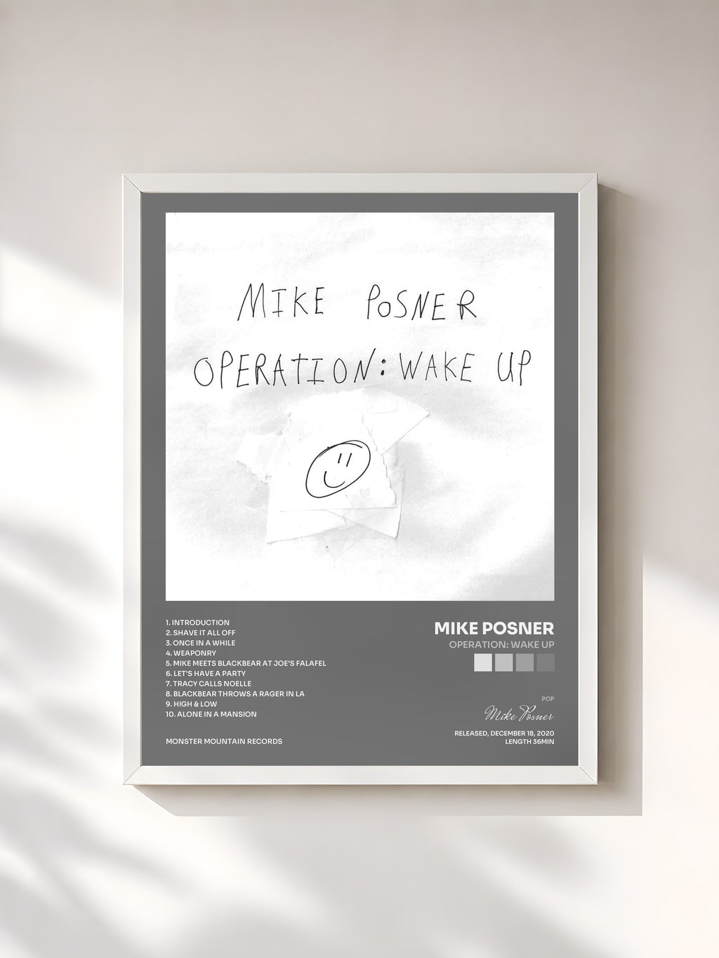 #blanc Tableau de l'album Operation: Wake Up de Mike Posner, cadre blanc, imprimé et encadré en France