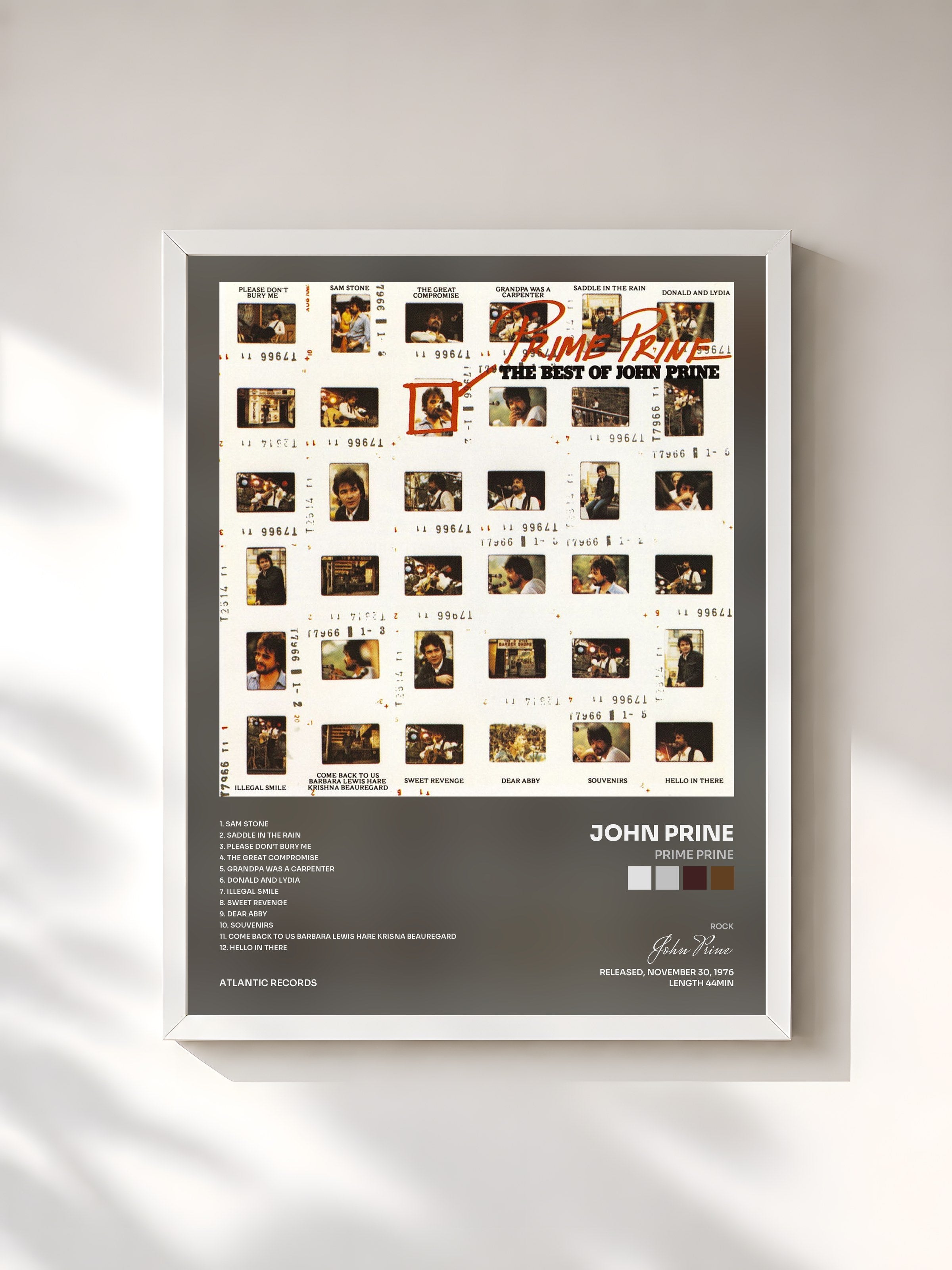 #blanc Tableau de l'album Prime Prine de John Prine, cadre blanc, imprimé et encadré en France